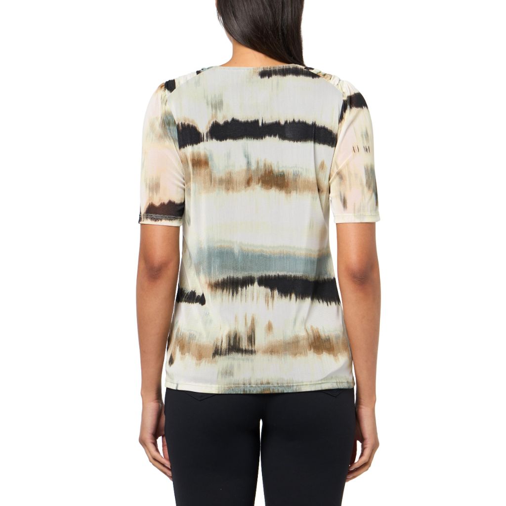 Anne Klein Printed MESH Elbow SLV Ruched Shldr TEE, Medium