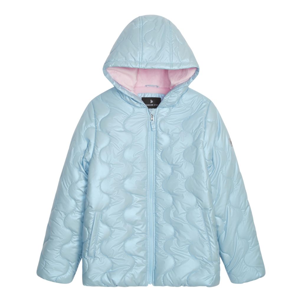 London Fog Girls' Heavyweight Quilted Shimmer Puffer Jacket with Fleece Lining, Light Blue, 4T