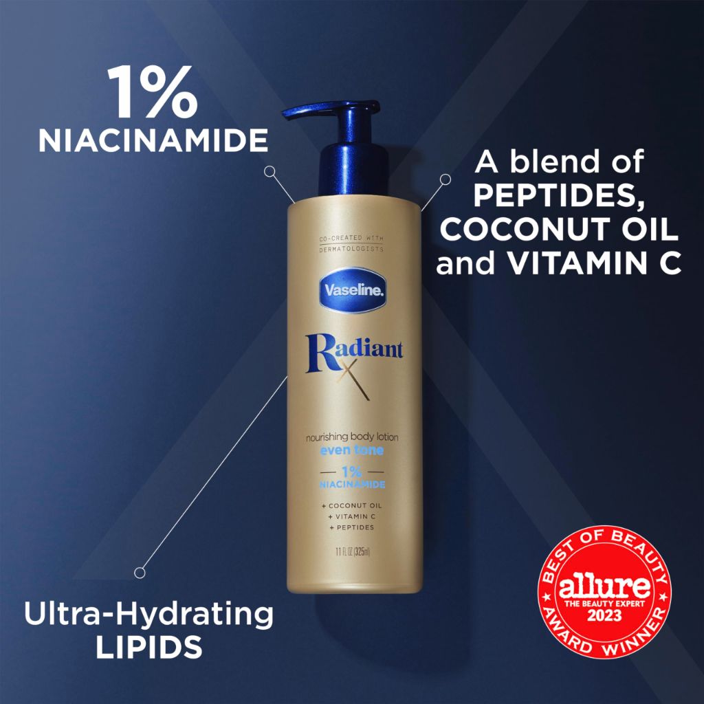 Vaseline Radiant X Even Tone Nourishing Body Lotion With 1% Niacinamide, Coconut Oil, Vitamin C, & Peptides | 11 oz
