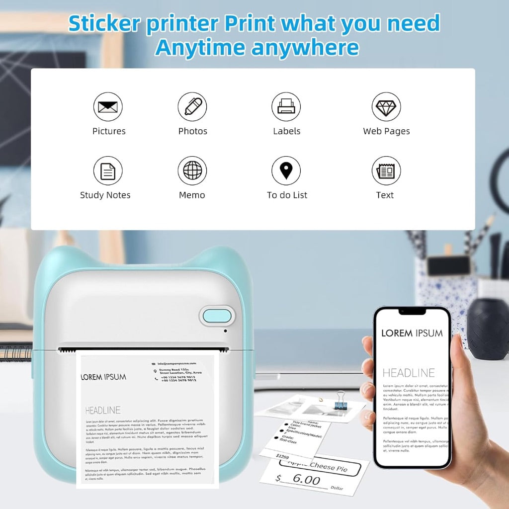 Thermal Mini Printer, Portable Inkless Sticker Maker with 11 Rolls Printing Paper, for Photo Journal Notes Memo, Compatible with iOS & Android