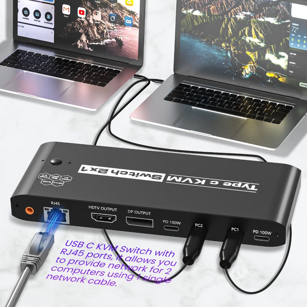 KVM Switch 2 Computers 8K@60Hz USB C Switch Sharing USB 2.0 Devices, 7 Ports USB Switcher Sharing Keyboard Mouse Hard Drives Printer 2 USB C Cables Included