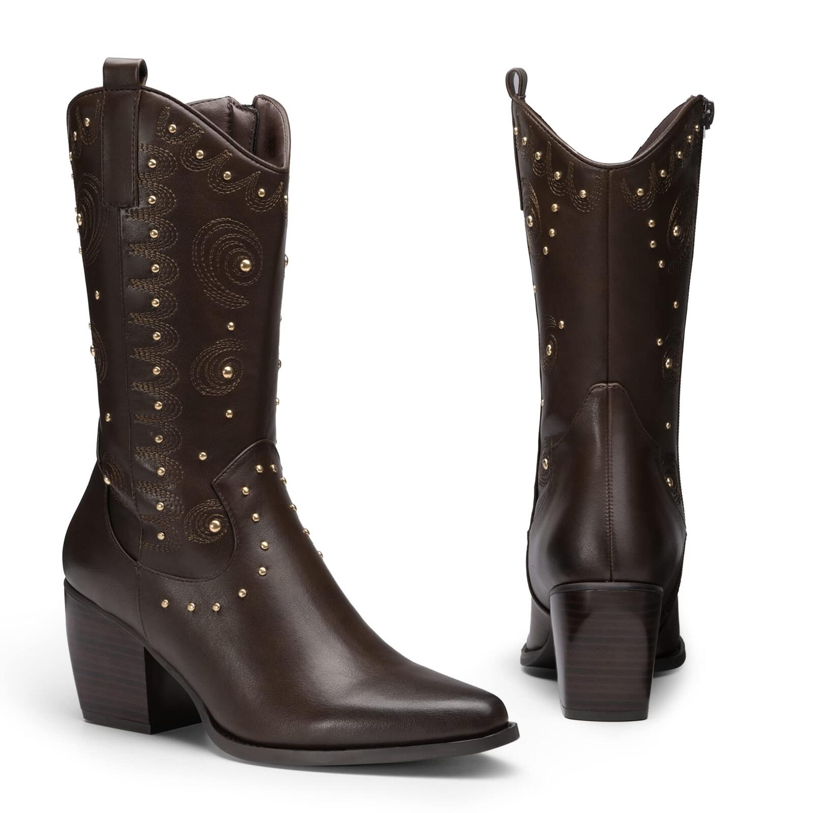 DREAM PAIRS Women's Western Cowgirl Boots - Mid Calf, Studded - Brown - Size 8.5