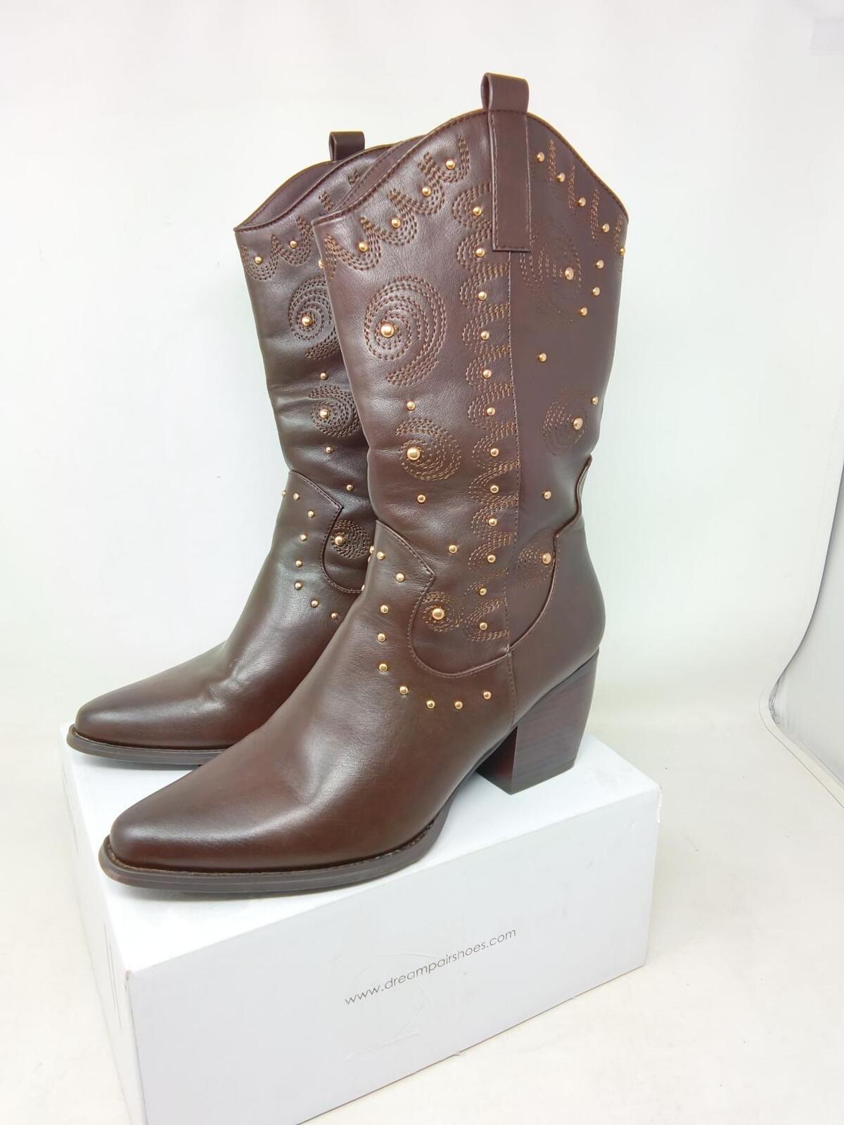 DREAM PAIRS Women's Western Cowgirl Boots - Mid Calf, Studded - Brown - Size 8.5