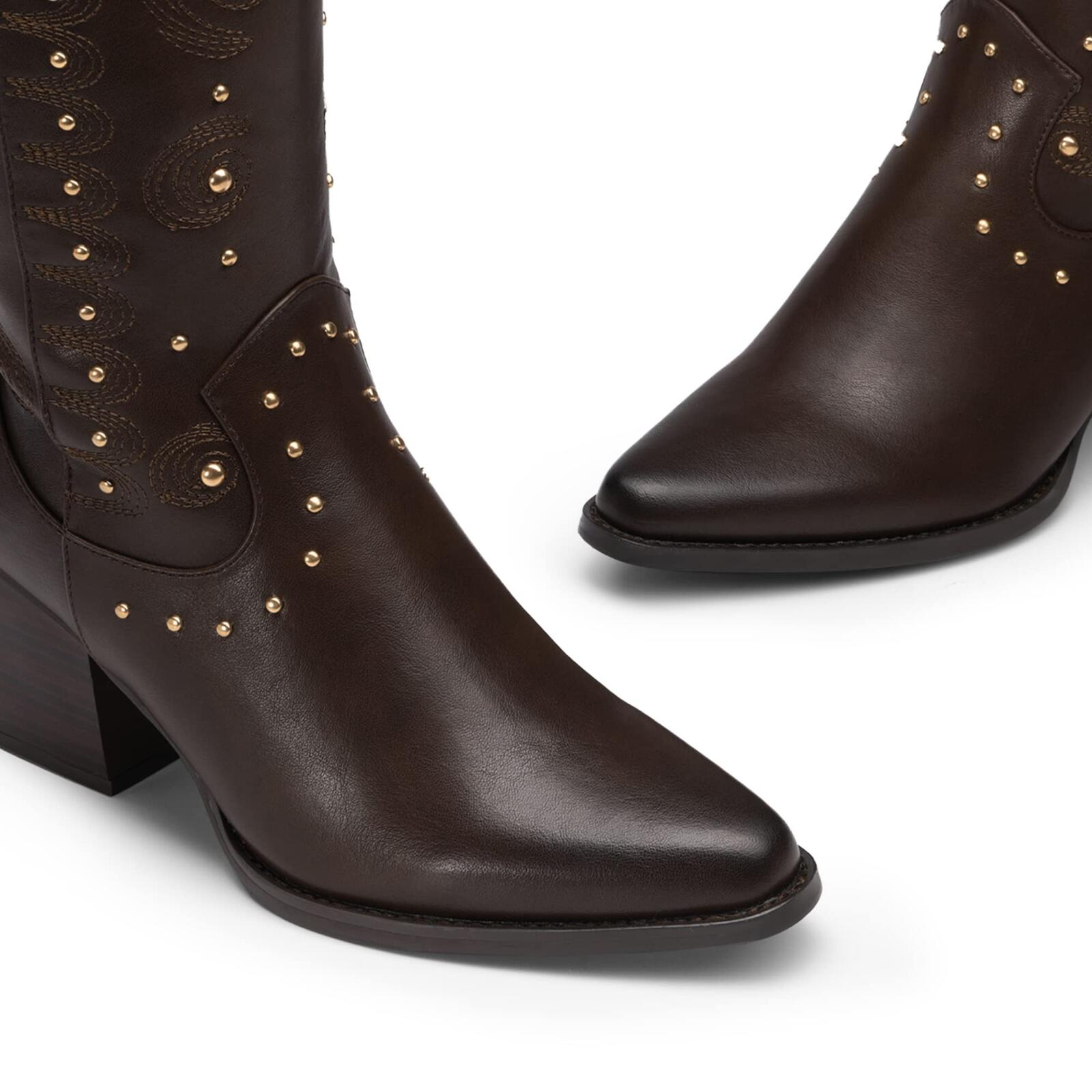 DREAM PAIRS Women's Western Cowgirl Boots - Mid Calf, Studded - Brown - Size 8.5