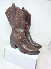 DREAM PAIRS Women's Western Cowgirl Boots - Mid Calf, Studded - Brown - Size 8.5
