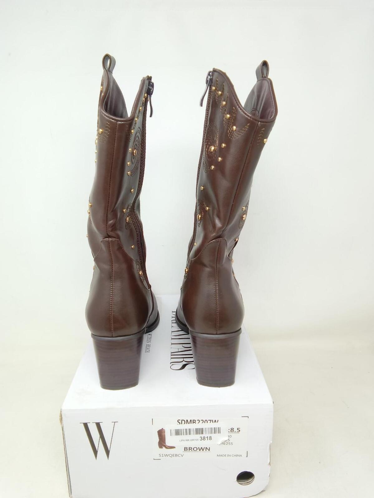 DREAM PAIRS Women's Western Cowgirl Boots - Mid Calf, Studded - Brown - Size 8.5