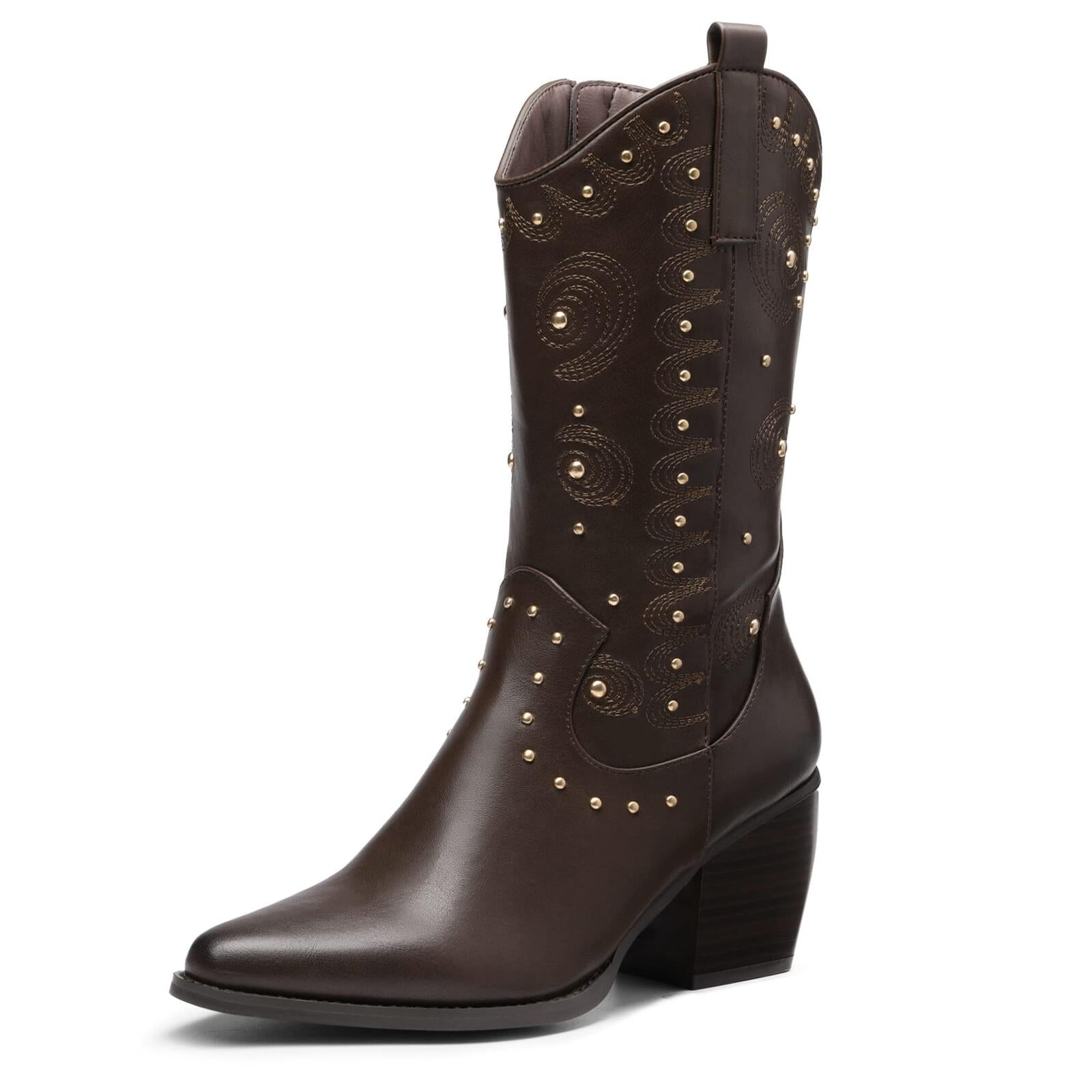 DREAM PAIRS Women's Western Cowgirl Boots - Mid Calf, Studded - Brown - Size 8.5