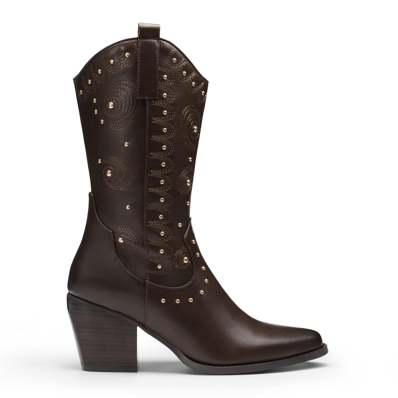 DREAM PAIRS Women's Western Cowgirl Boots - Mid Calf, Studded - Brown - Size 8.5