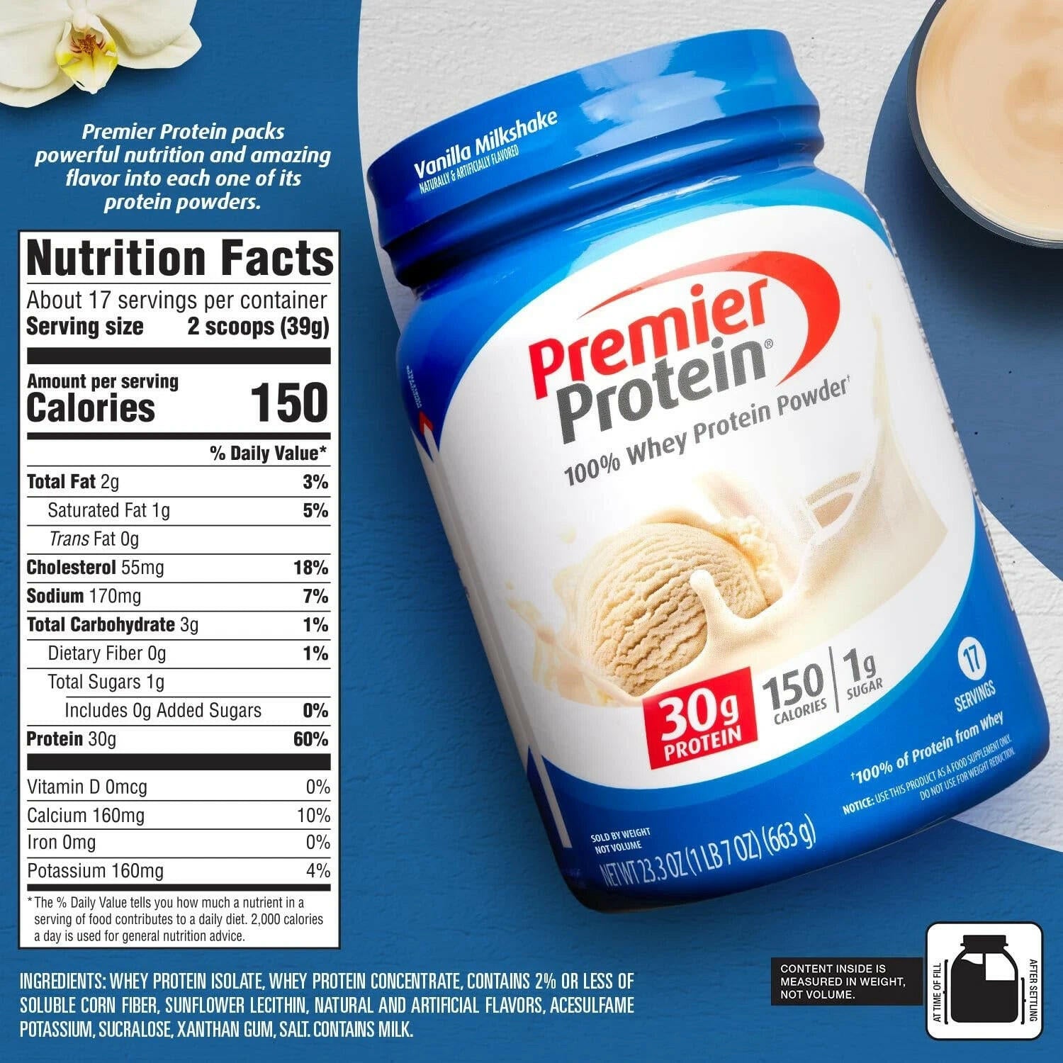 Premier Protein Whey Protein Powder, Vanilla Milkshake, 23.3oz (17 Servings)