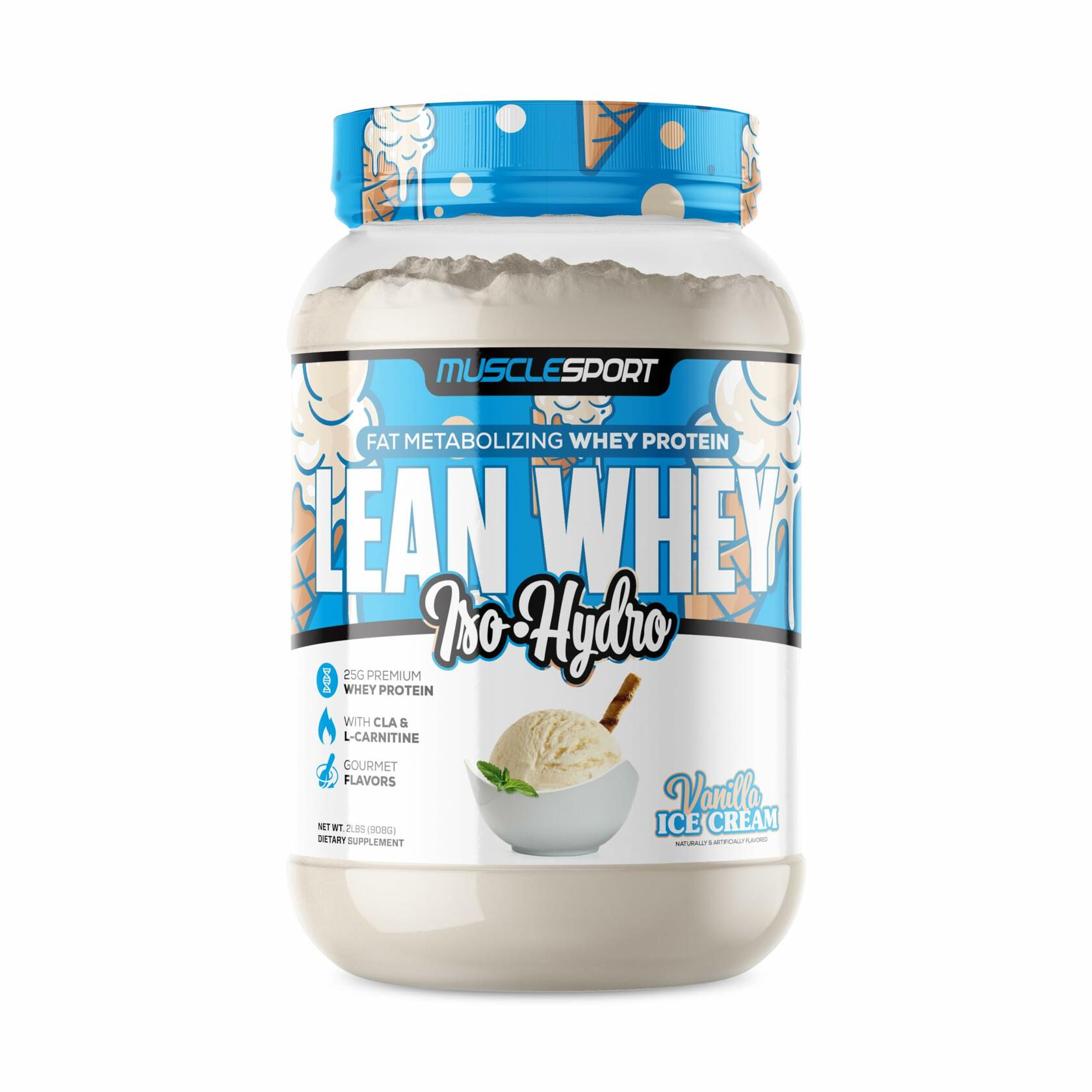 MuscleSport Lean Whey Iso-Hydro Protein Powder, Vanilla Ice Cream, 2lbs