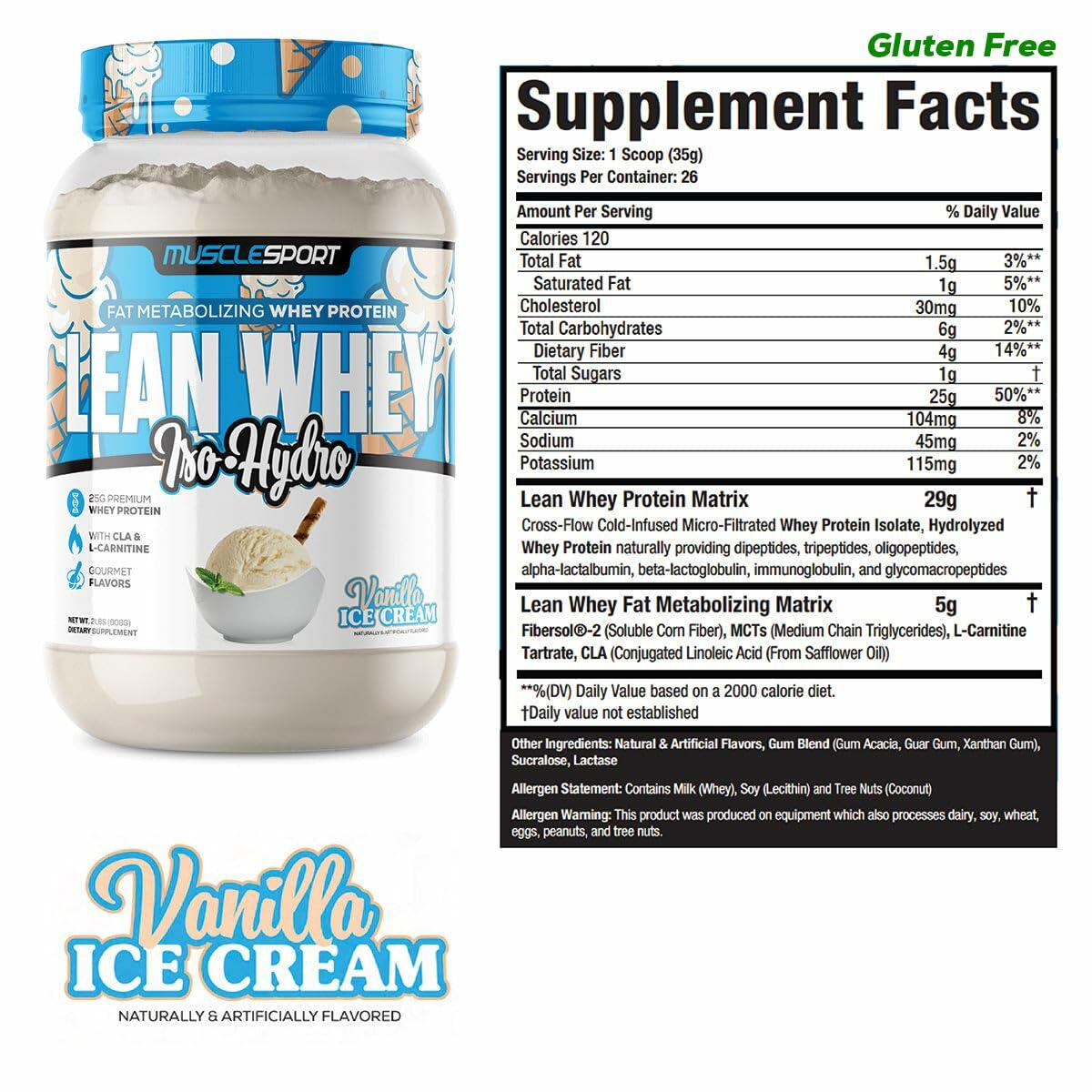 MuscleSport Lean Whey Iso-Hydro Protein Powder, Vanilla Ice Cream, 2lbs