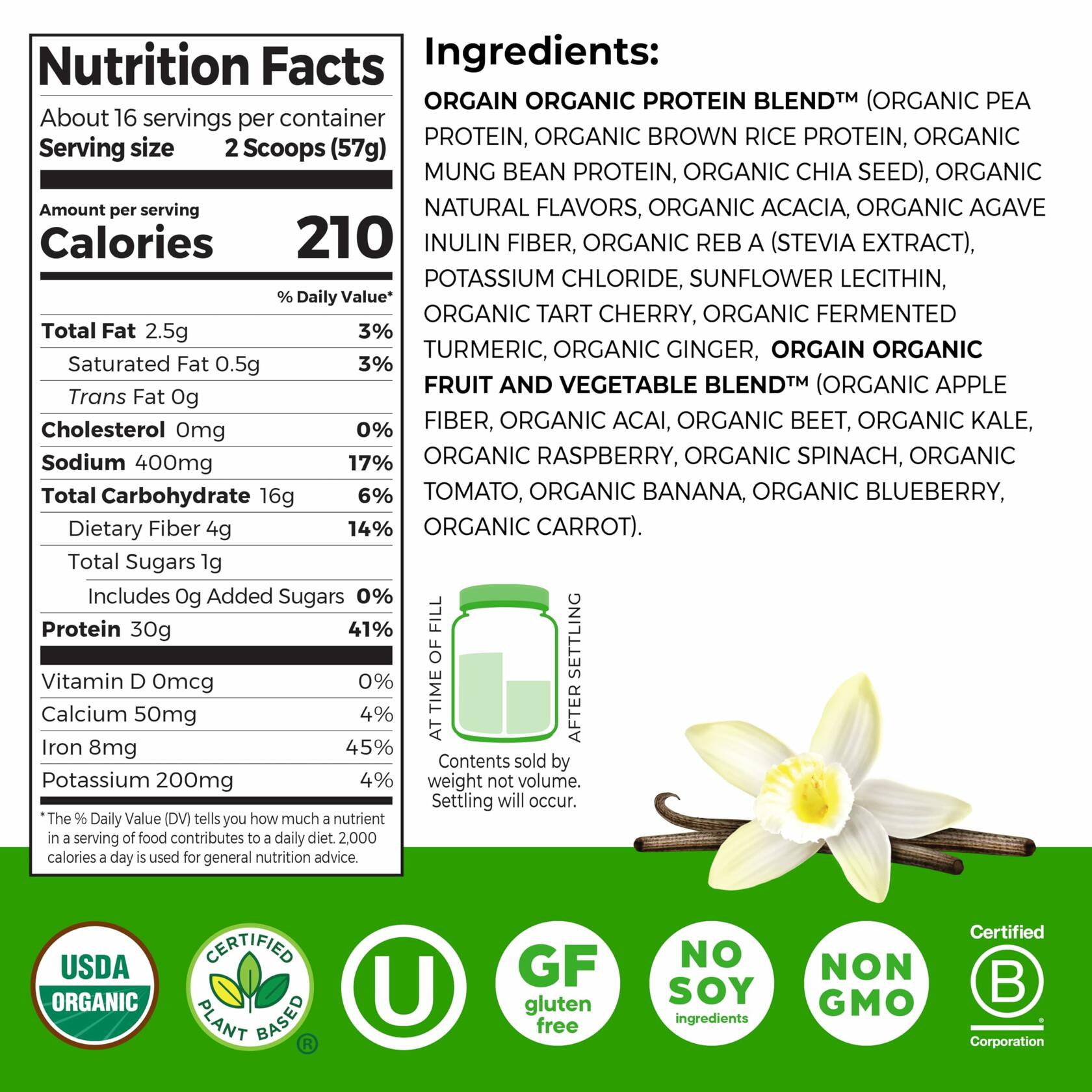 Orgain Complete Plant Protein Powder, Vanilla, 2.01 lb (16 Servings)