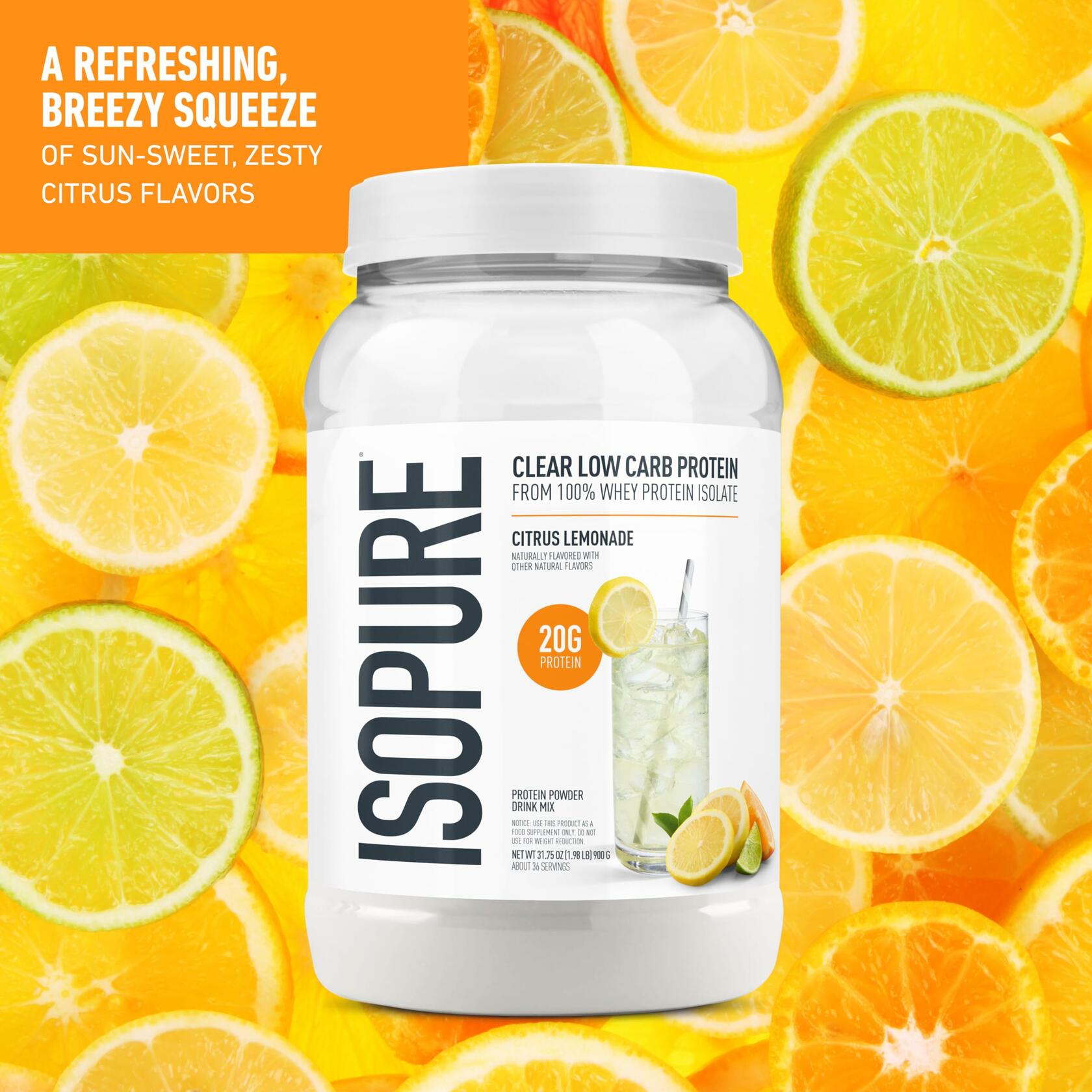 Isopure Clear Low Carb Whey Isolate Protein Powder, Citrus Lemonade, 1.98lbs (36 Servings)