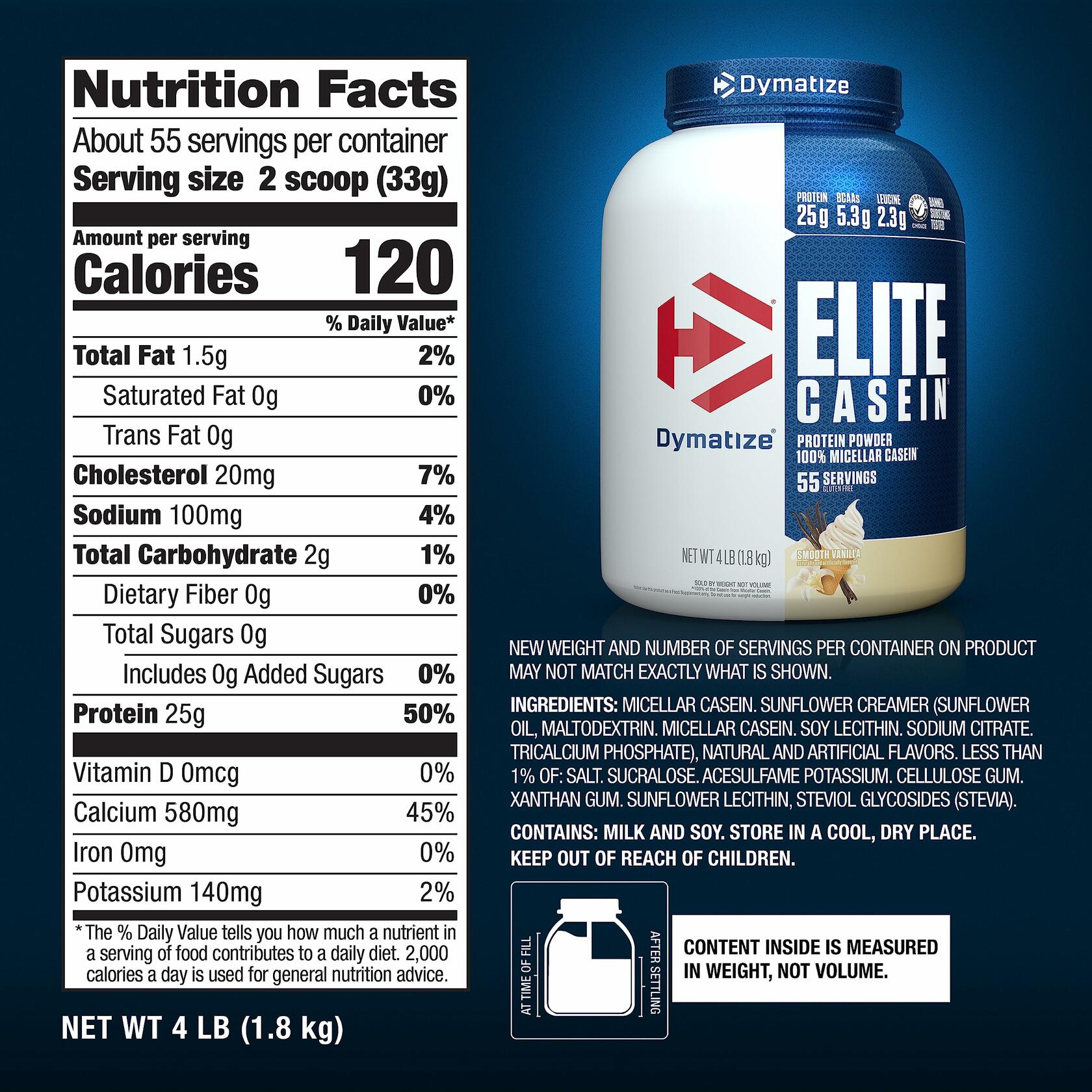Dymatize Elite Casein Protein Powder, Smooth Vanilla, 4lb (55 Servings)