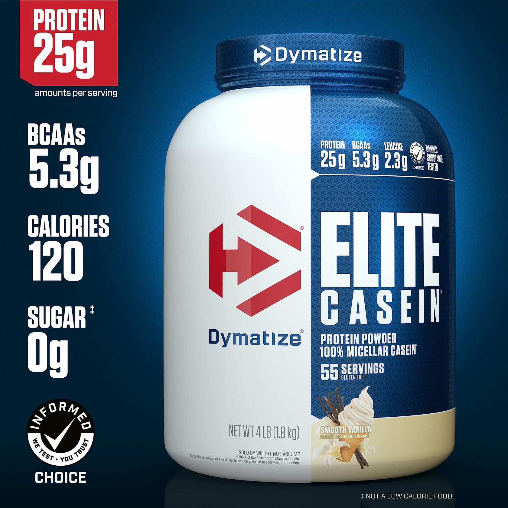 Dymatize Elite Casein Protein Powder, Smooth Vanilla, 4lb (55 Servings)