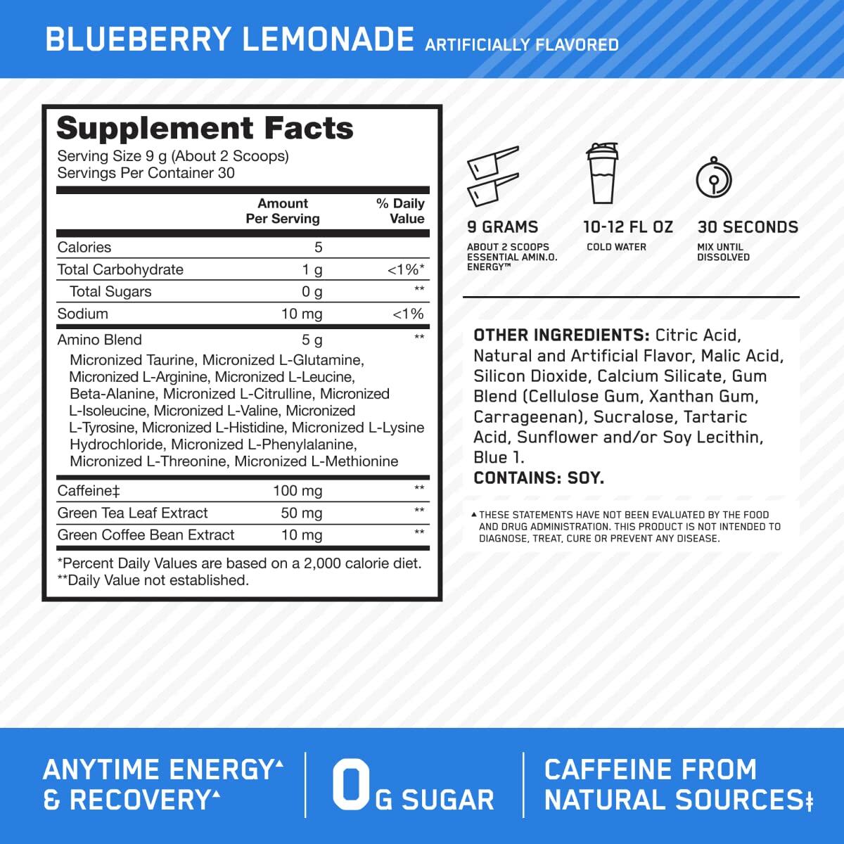 Optimum Nutrition AmiN.O. Energy Pre-Workout Powder, Blueberry Lemonade, 9.5oz (30 Servings)