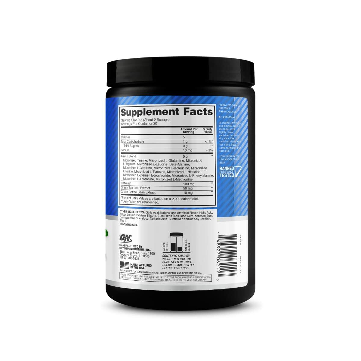 Optimum Nutrition AmiN.O. Energy Pre-Workout Powder, Blueberry Lemonade, 9.5oz (30 Servings)