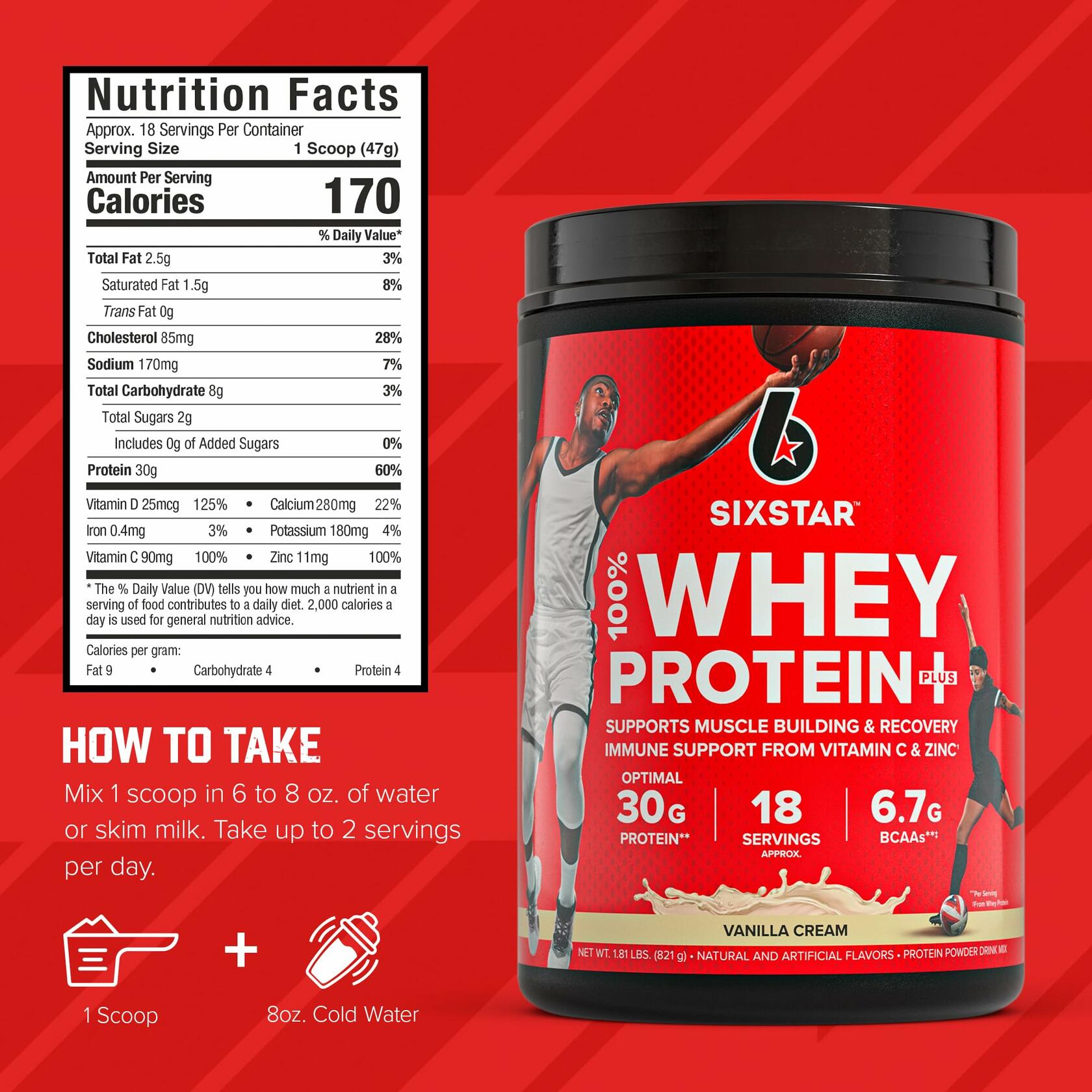 Six Star 100% Whey Protein Plus Recovery Powder - Vanilla Cream, 1.8lbs