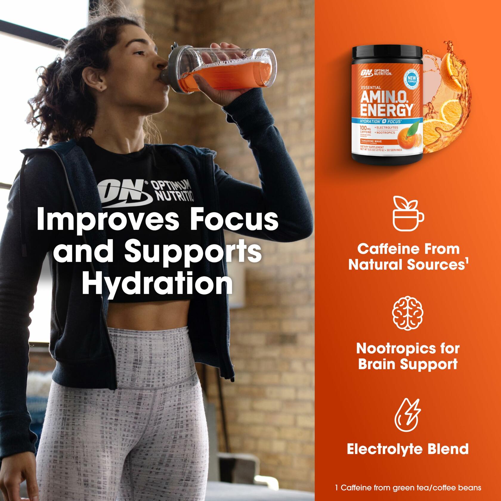 Optimum Nutrition AmiN.O. Energy + Electrolytes Hydration Powder, Tangerine Wave, 10.05 oz (30 Servings)