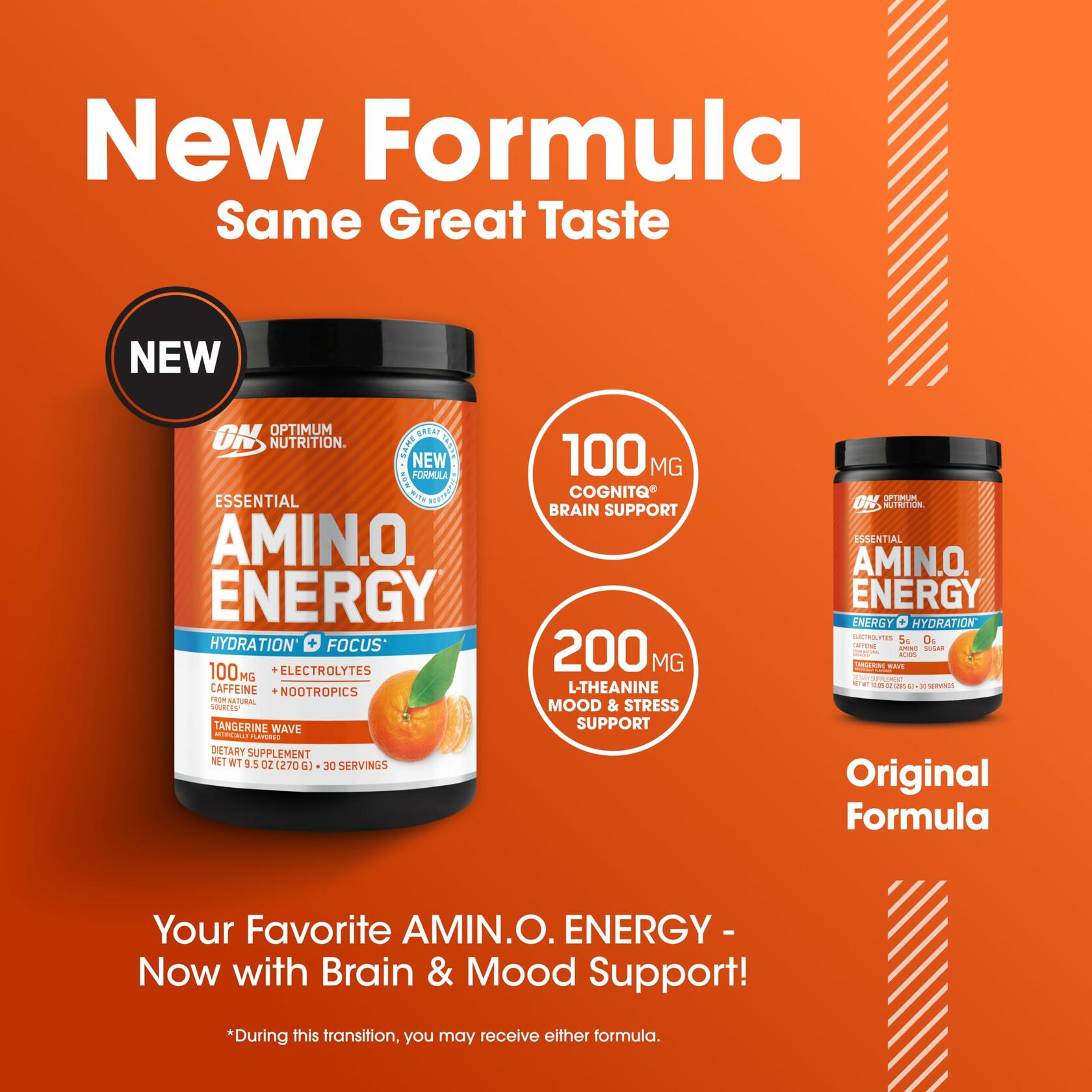 Optimum Nutrition AmiN.O. Energy + Electrolytes Hydration Powder, Tangerine Wave, 10.05 oz (30 Servings)