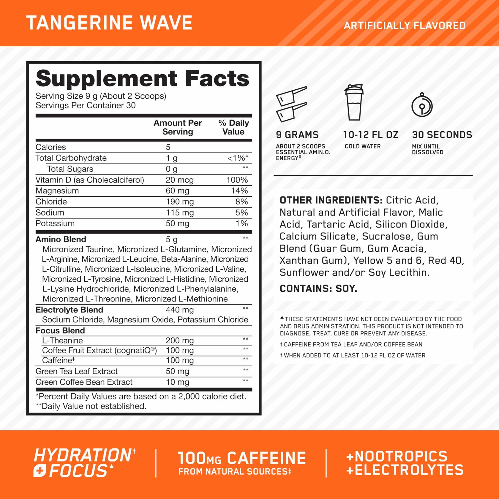 Optimum Nutrition AmiN.O. Energy + Electrolytes Hydration Powder, Tangerine Wave, 10.05 oz (30 Servings)