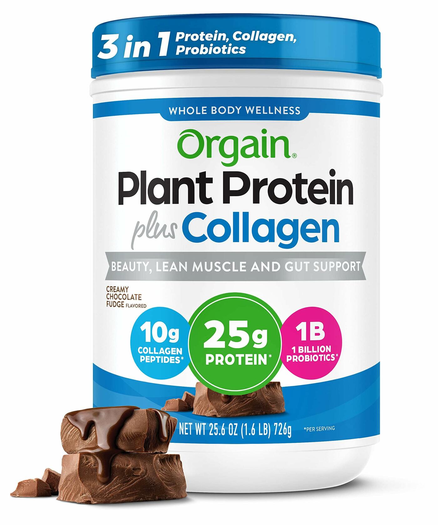 Orgain Plant Protein + Collagen Powder, Creamy Chocolate Fudge, 1.6lb (15 Servings)