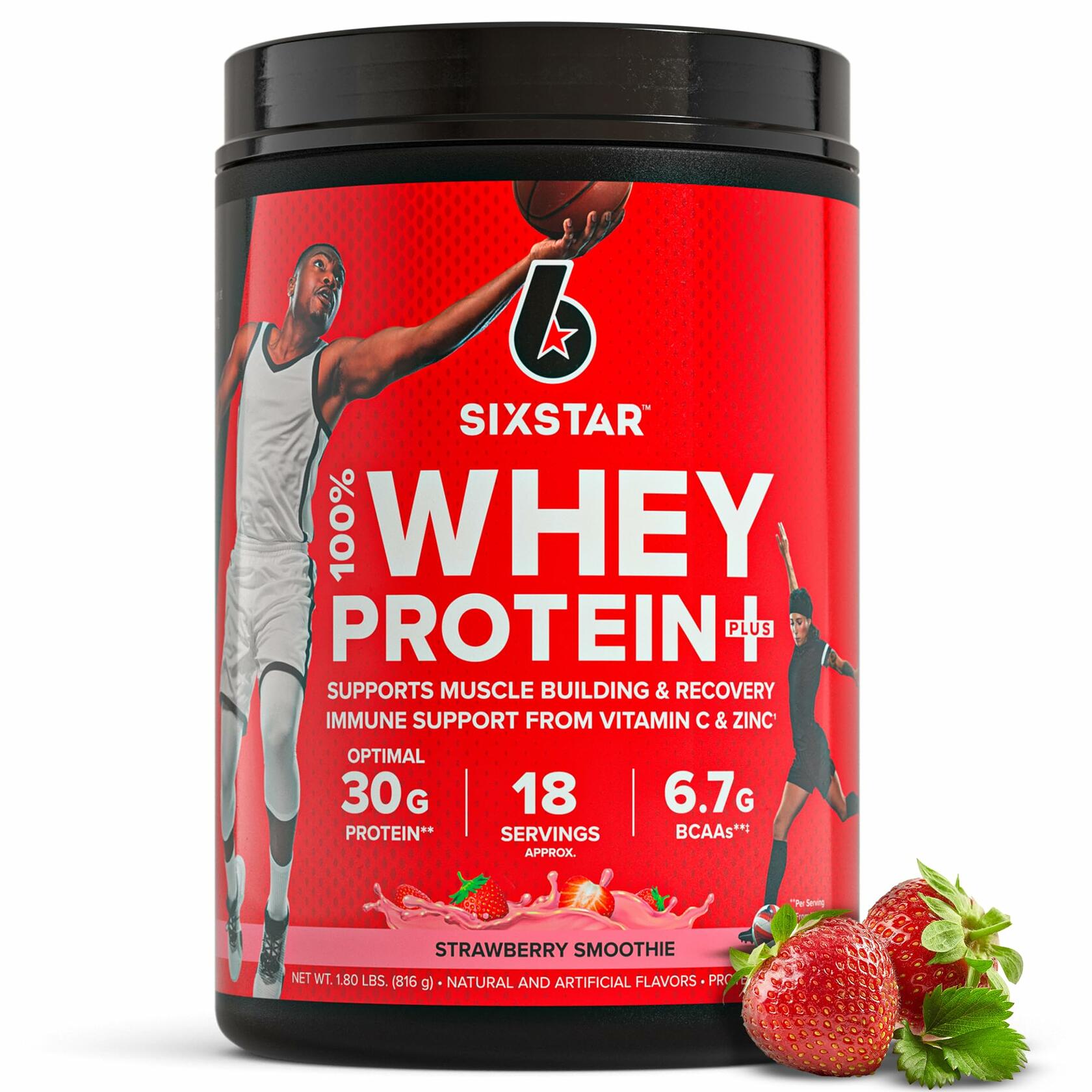 Six Star 100% Whey Protein Plus Recovery Powder - Strawberry Smoothie, 1.8lbs