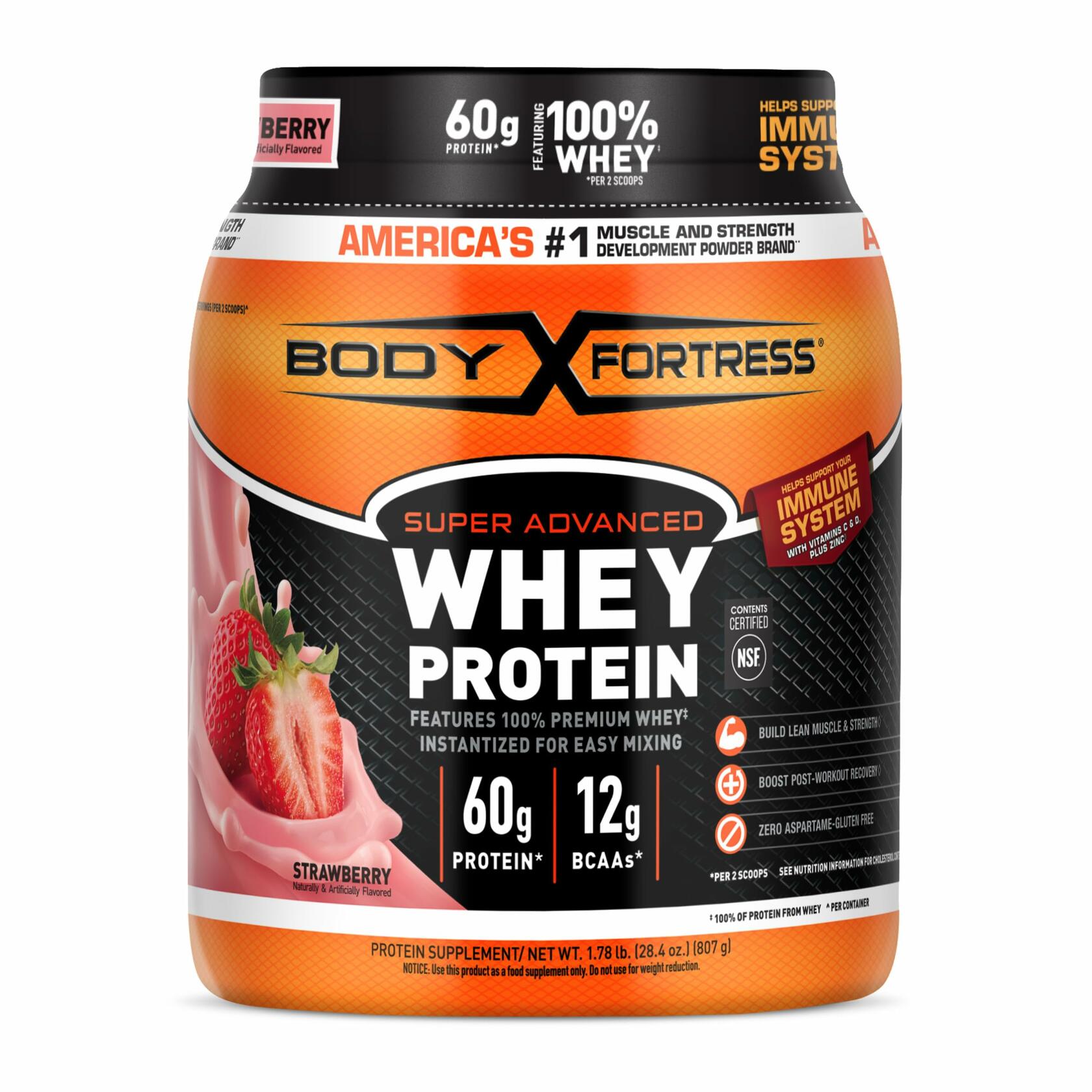 Body Fortress Super Advanced Whey Protein Powder, Strawberry, 1.78lbs (18 Servings)