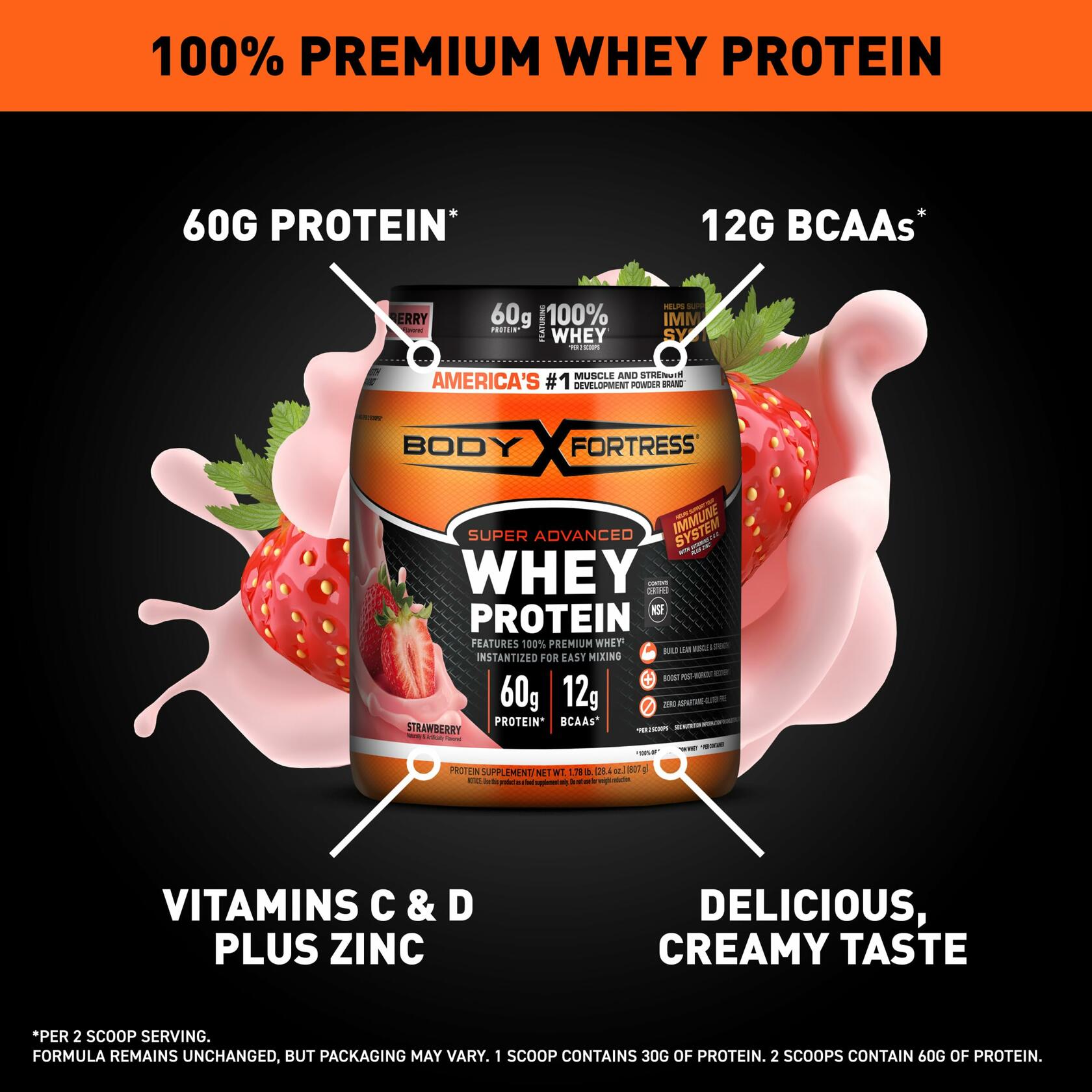 Body Fortress Super Advanced Whey Protein Powder, Strawberry, 1.78lbs (18 Servings)