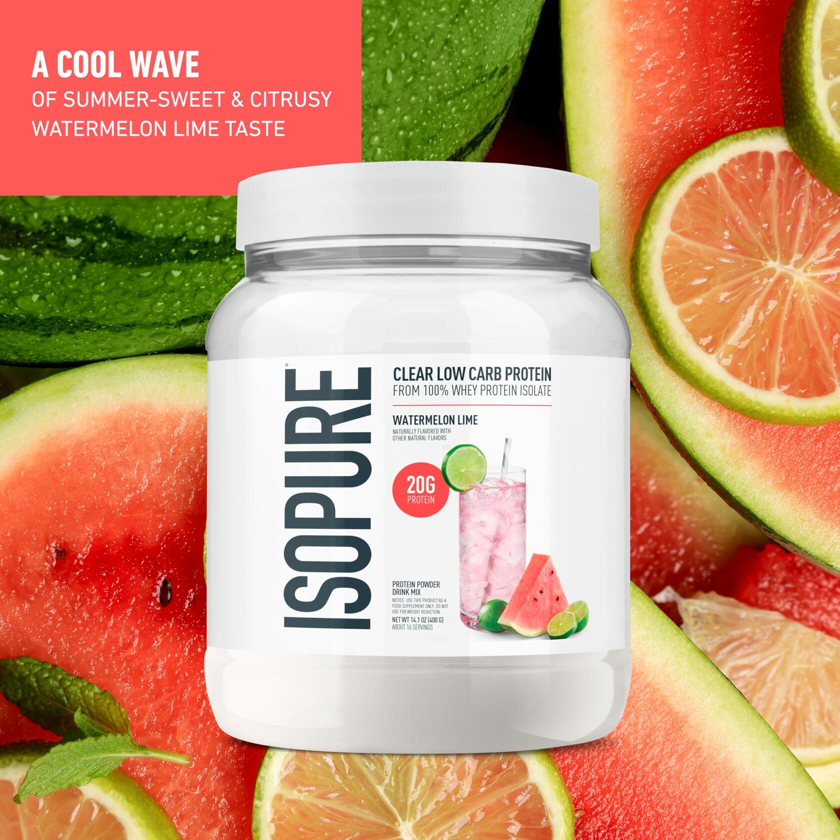 Isopure Clear Low Carb Whey Isolate Protein Powder, Watermelon Lime, 14.1oz (16 Servings)