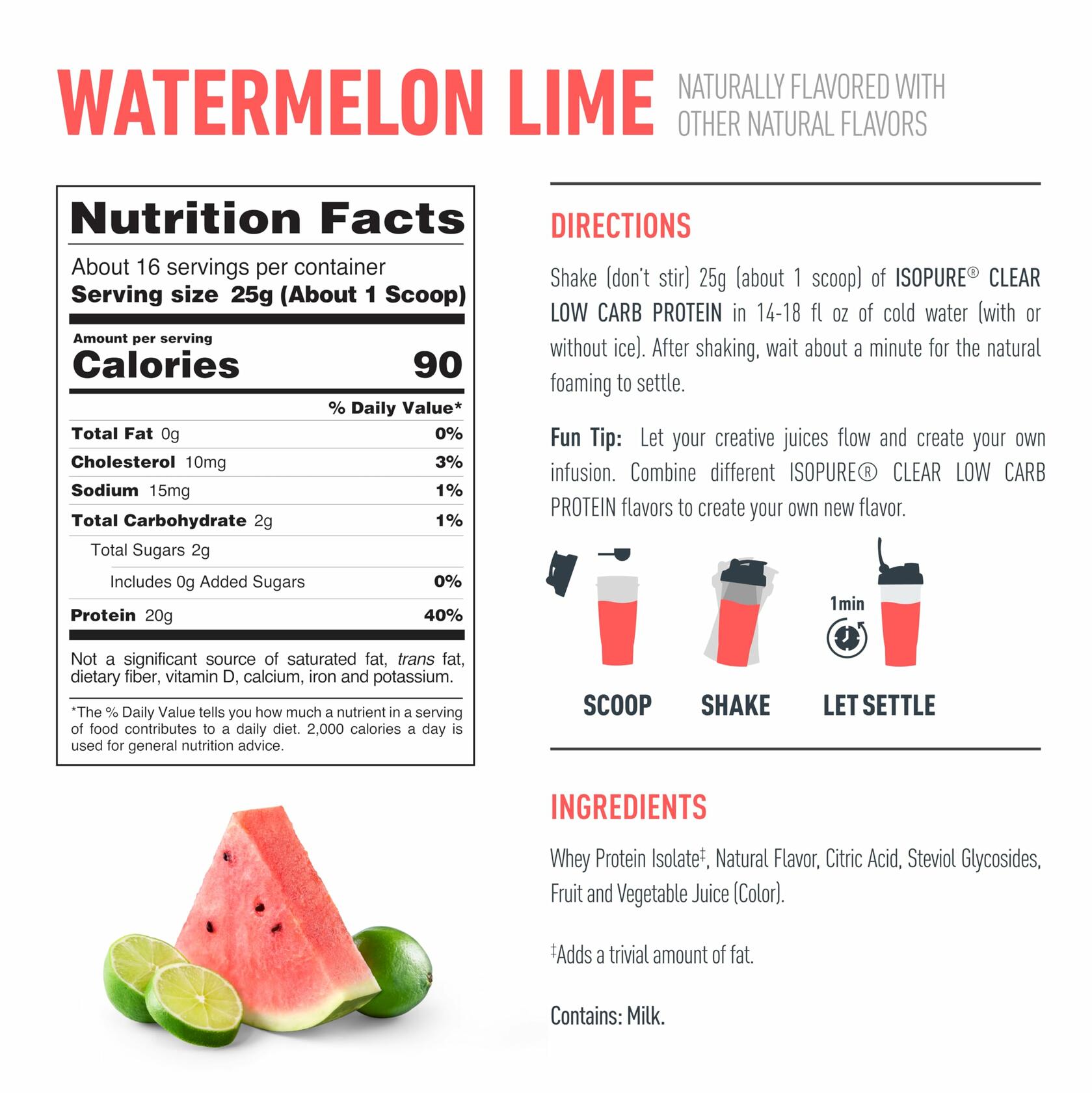Isopure Clear Low Carb Whey Isolate Protein Powder, Watermelon Lime, 14.1oz (16 Servings)