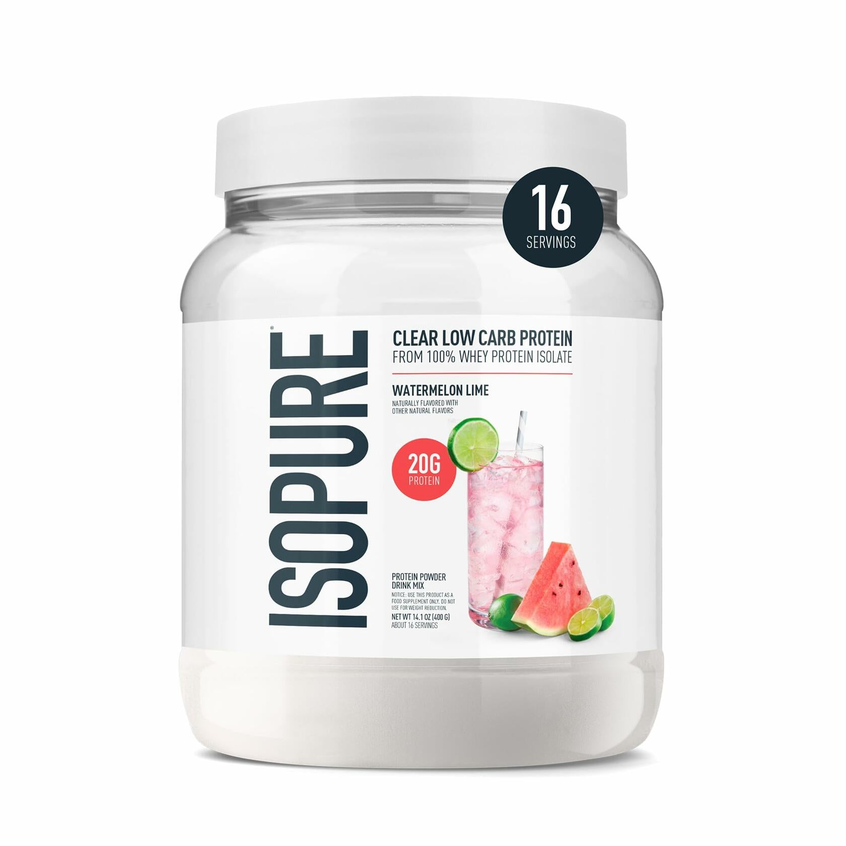 Isopure Clear Low Carb Whey Isolate Protein Powder, Watermelon Lime, 14.1oz (16 Servings)