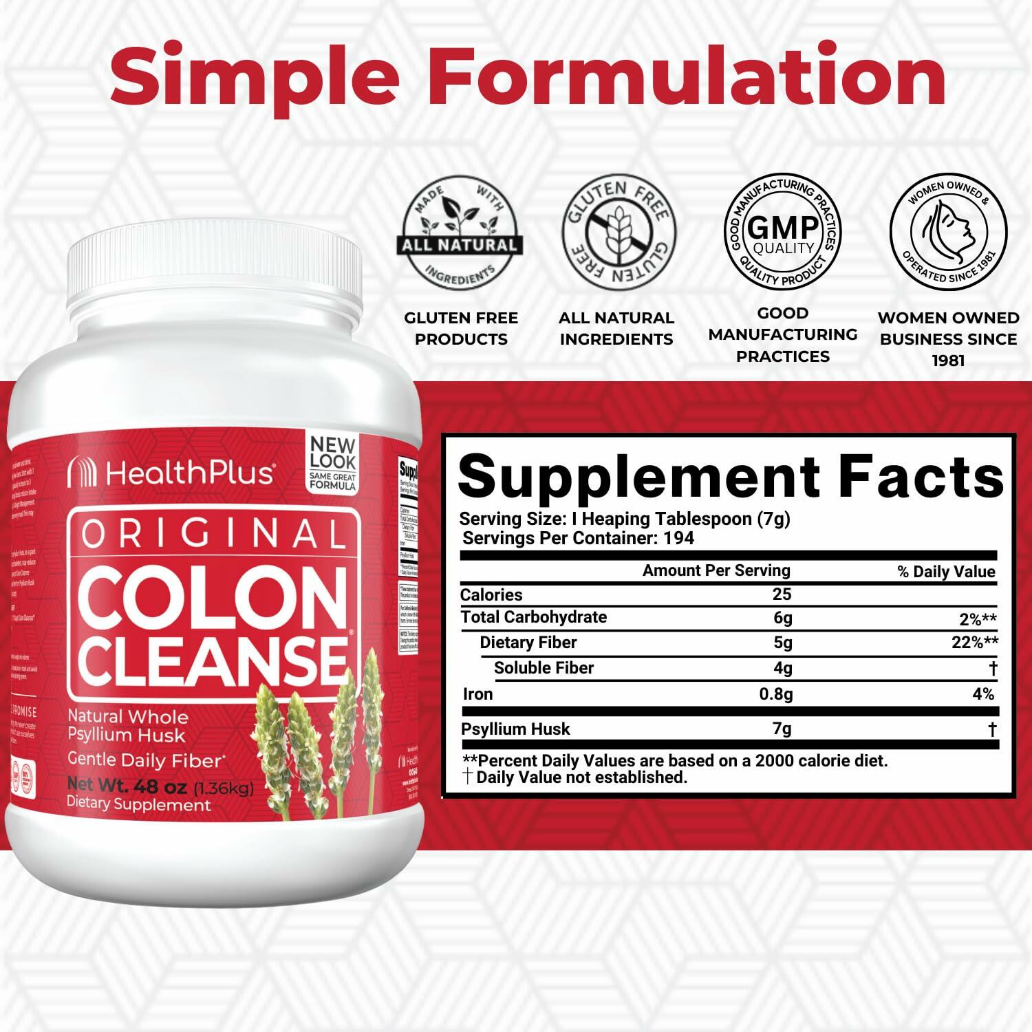 Health Plus Original Colon Cleanse Psyllium Husk Powder, 48oz (194 Servings)