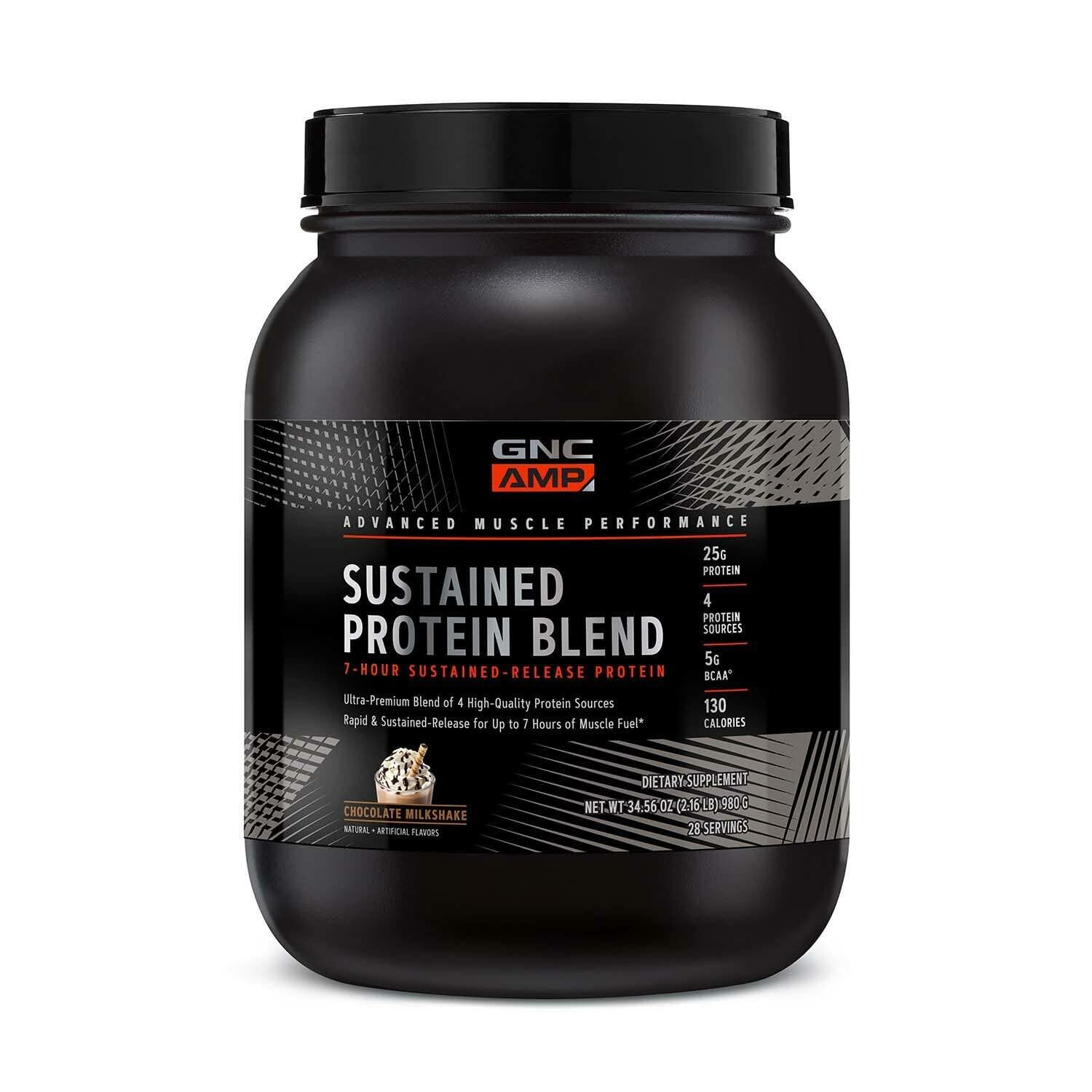GNC AMP Sustained Protein Blend Powder, Chocolate Milkshake, 2.16lb