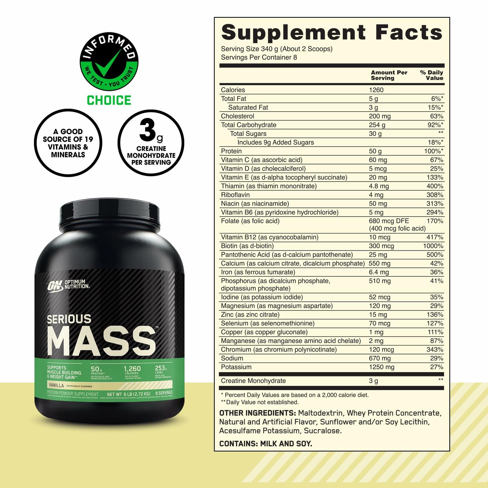 Optimum Nutrition Serious Mass Gainer Protein Powder, Vanilla, 6 lbs, (8 Servings) *Damaged*