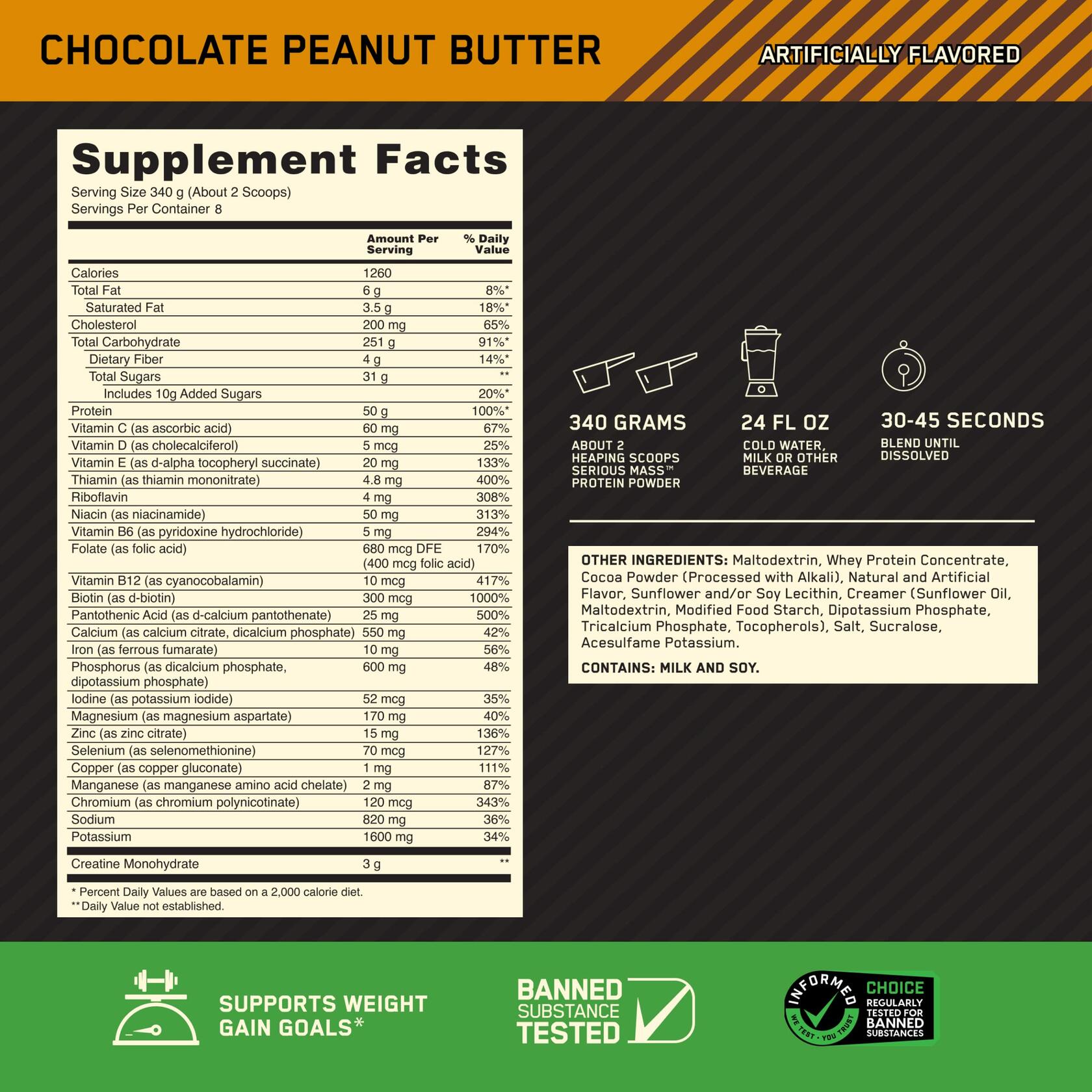 Optimum Nutrition Serious Mass Protein Powder, Chocolate Peanut Butter, 6lb (8 Servings)