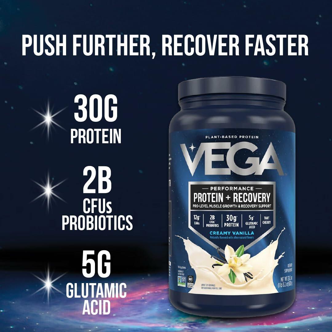 Vega Plant-Based Performance + Recovery Protein Powder, Creamy Vanilla, 4lb (45 Servings)