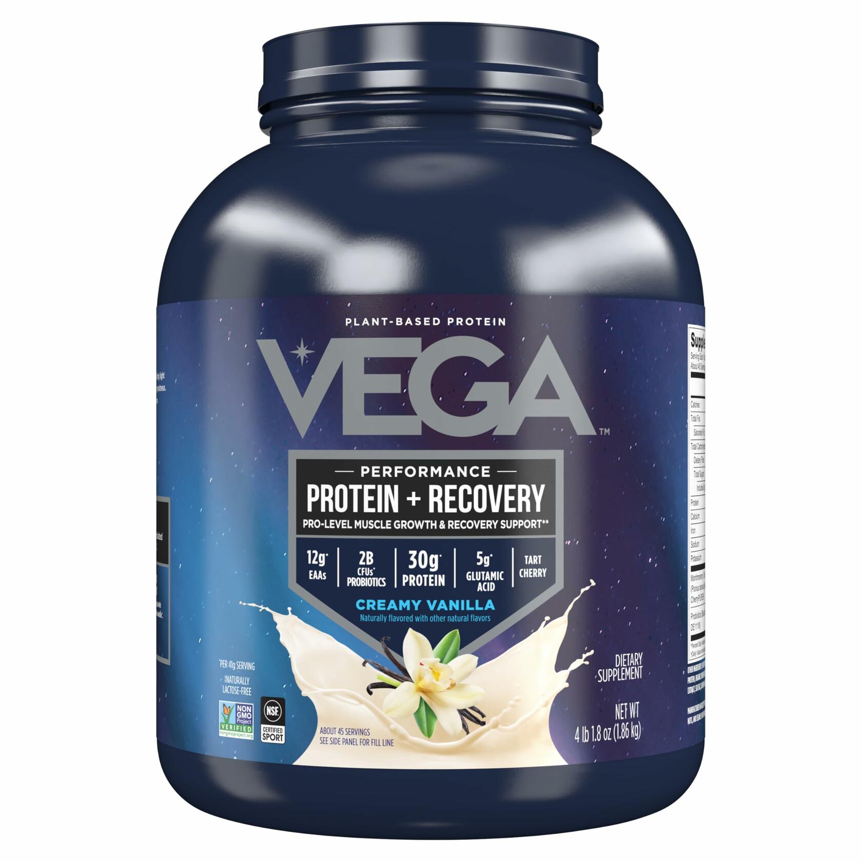 Vega Plant-Based Performance + Recovery Protein Powder, Creamy Vanilla, 4lb (45 Servings)