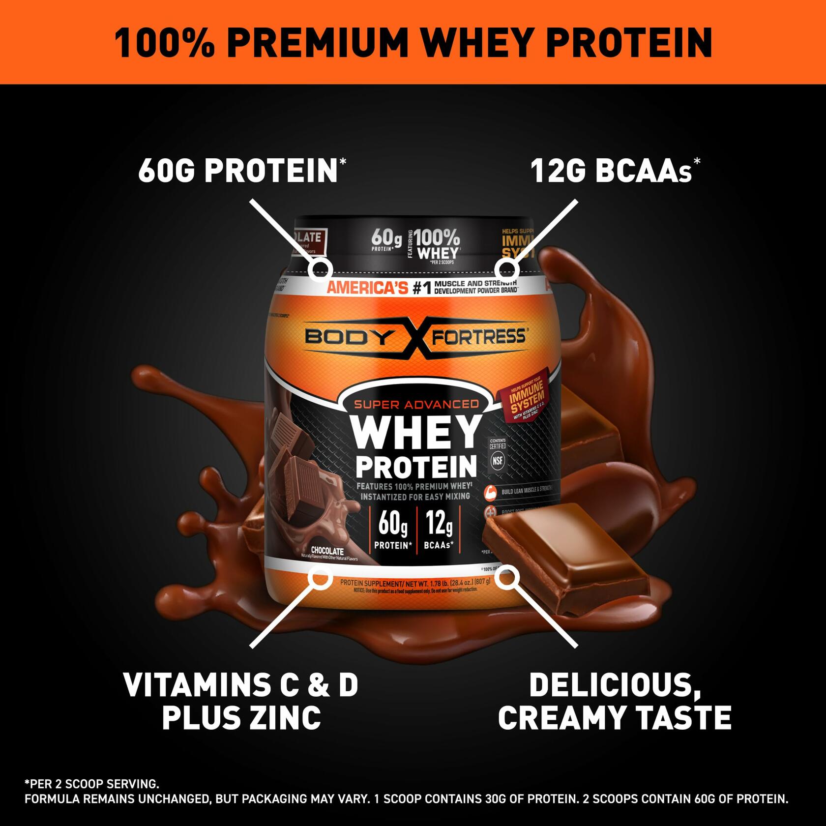 Body Fortress Super Advanced Whey Protein Powder, Chocolate, 1.78 lb (18 Servings)