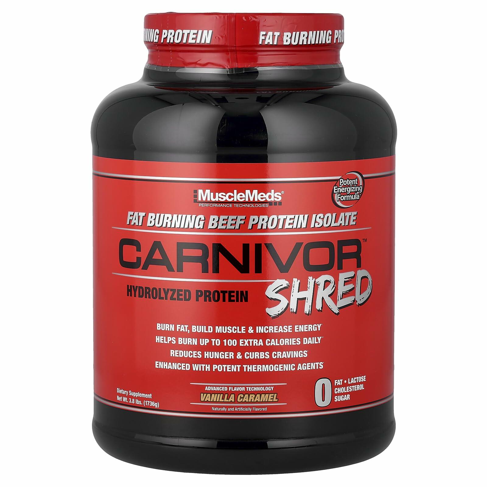 MuscleMeds Carnivor Shred Fat Burning Hydrolyzed Beef Protein Isolate Powder, Vanilla Caramel, 3.8 lb (56 Servings)
