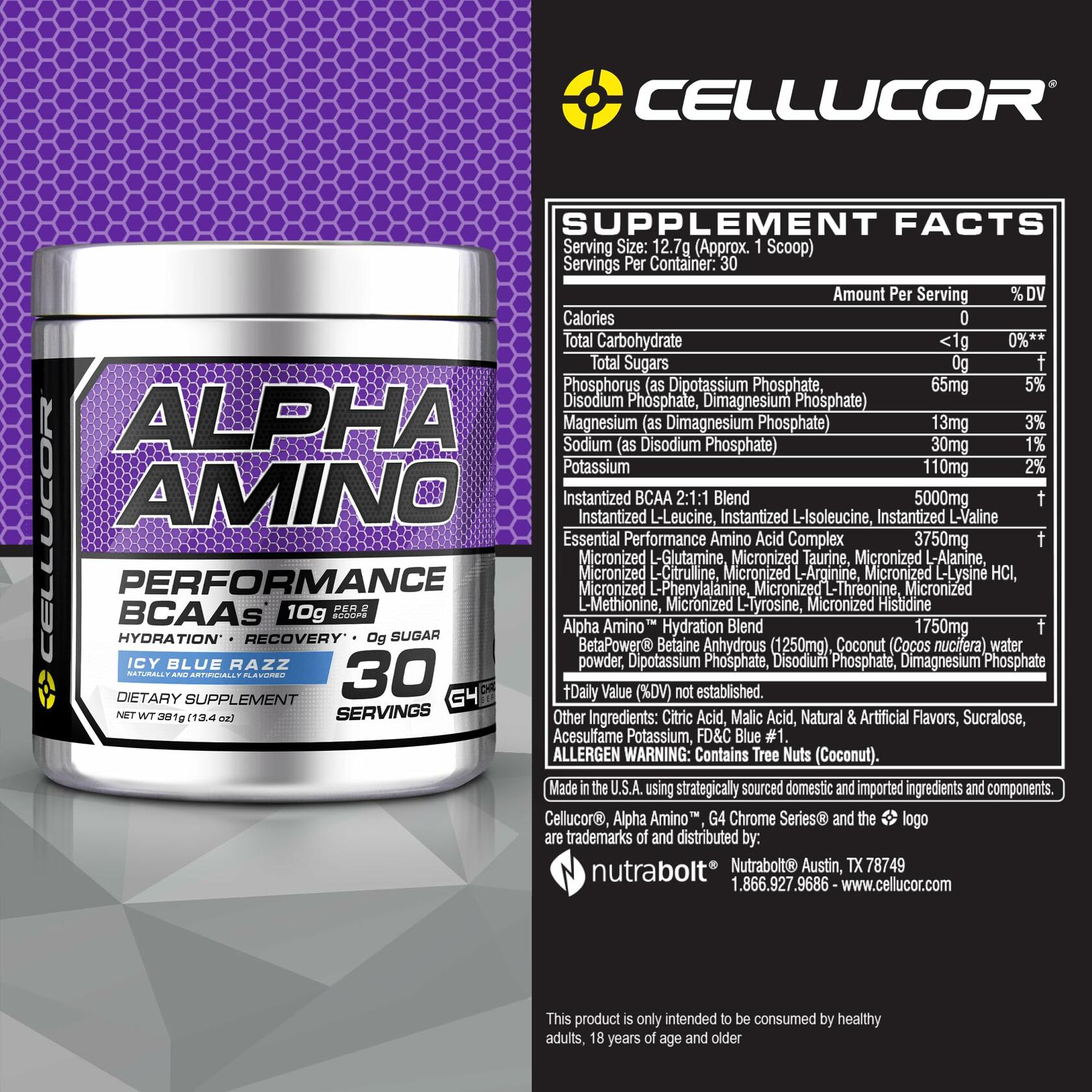 Cellucor Alpha Amino Performance BCAAs Powder, Icy Blue Razz, 30 Servings
