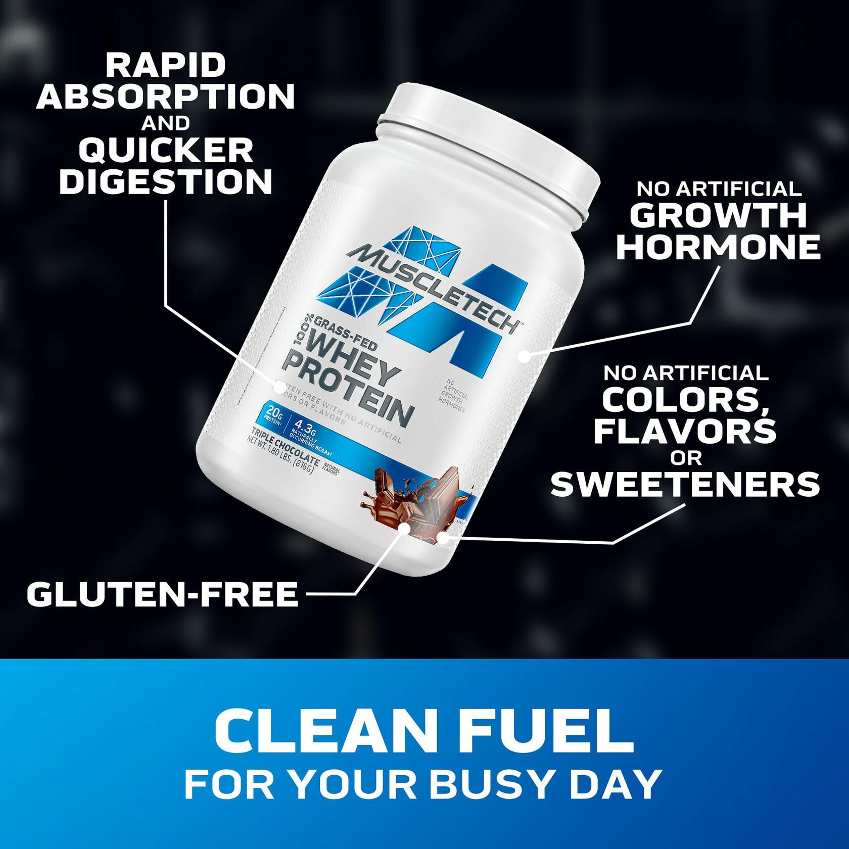 MuscleTech 100% Grass-Fed Whey Protein Powder, Triple Chocolate 1.8lb