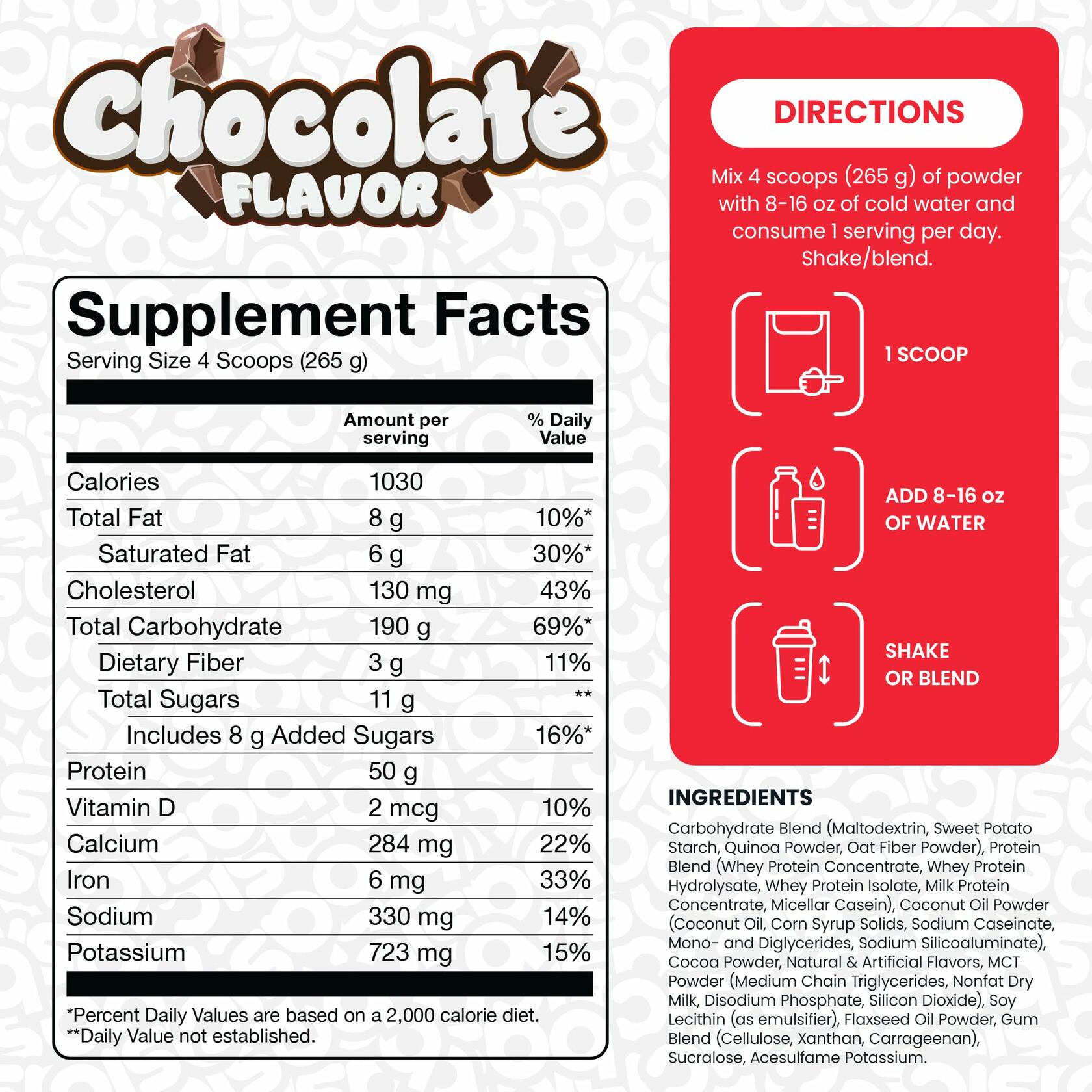 Basic Supplements Mass Gainer Protein Powder, Chocolate, 6lb (10 Servings)