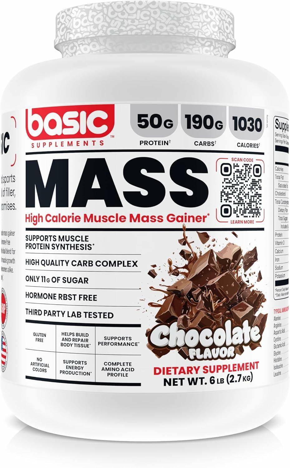 Basic Supplements Mass Gainer Protein Powder, Chocolate, 6lb (10 Servings)
