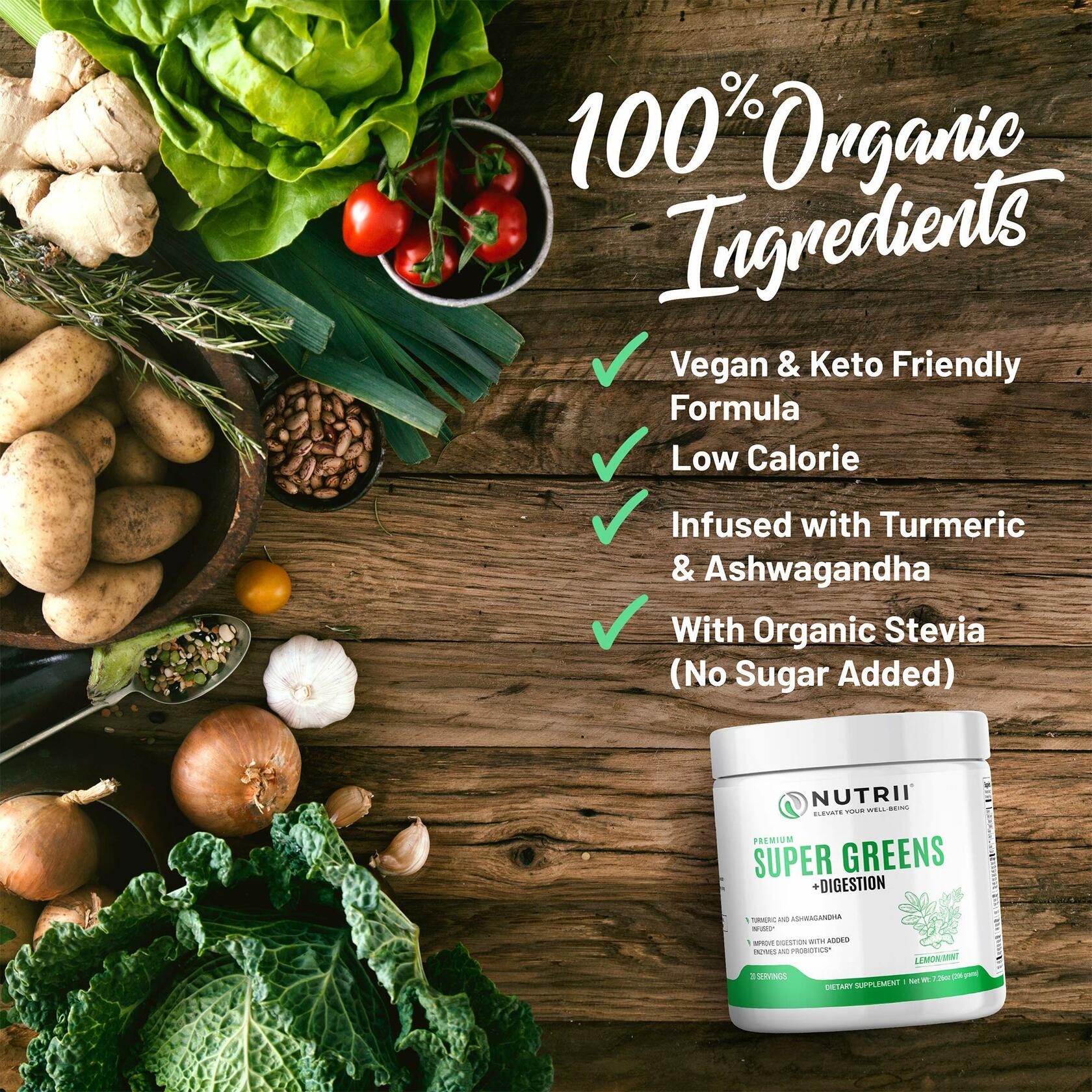 Nutrii Premium Super Greens + Digestion Immunity Support Powder, munity Superfood Powder, Lemon Mint, 30 Servings