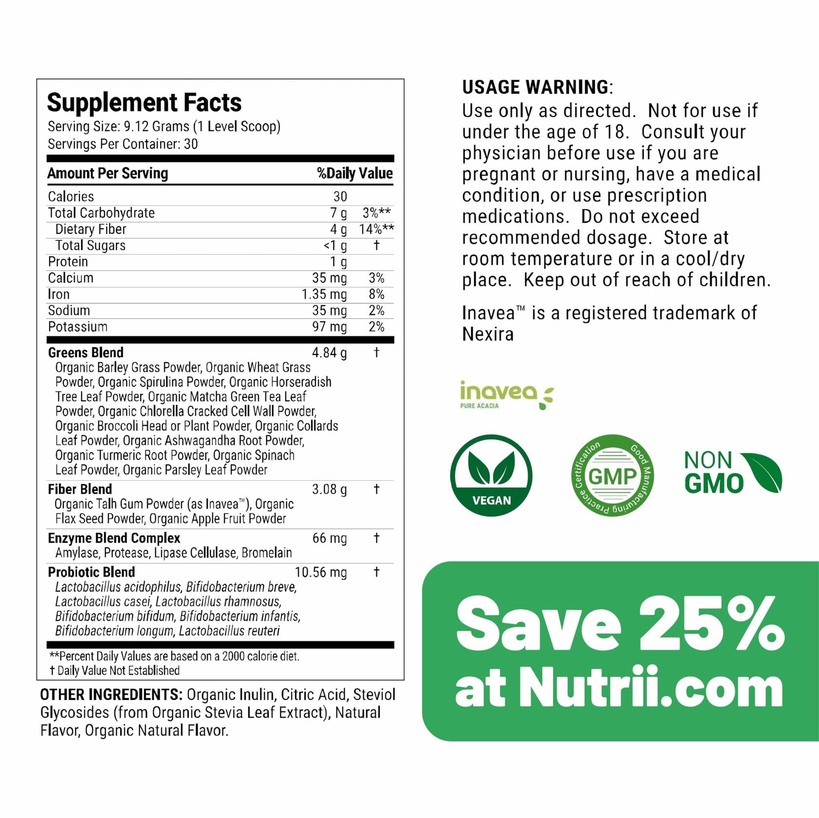 Nutrii Premium Super Greens + Digestion Immunity Support Powder, munity Superfood Powder, Lemon Mint, 30 Servings