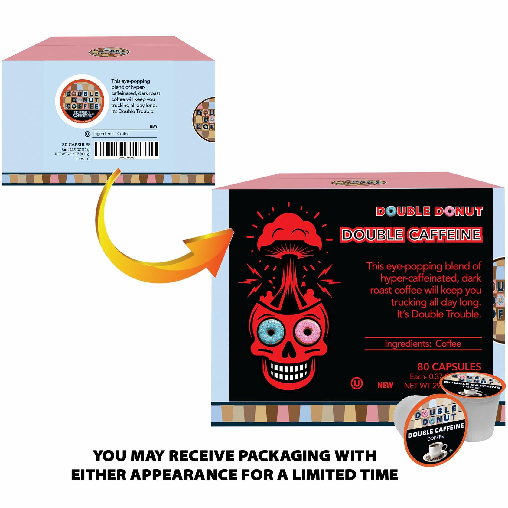 Double Donut Double Caffeine Recyclable Keurig K-Cup Coffee Pods, 80 Pods