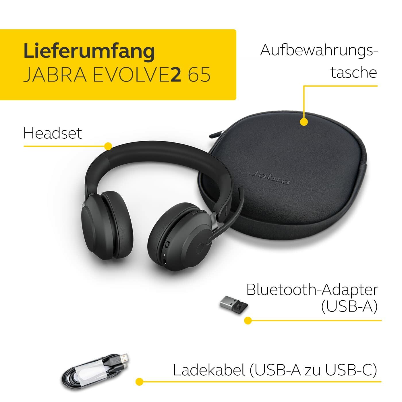 Jabra Evolve2 65 MS Wireless Headphones with Link380a, Stereo, Black - Wireless Bluetooth Headset for Calls and Music, 37 Hours of Battery Life,
