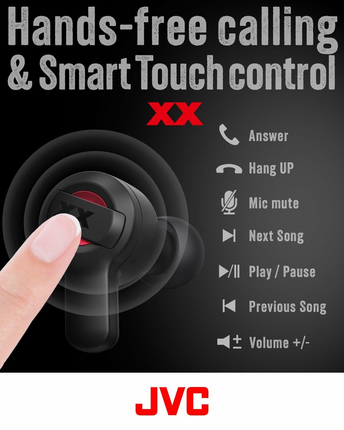 JVC XX True Wireless Earbuds with Deep Bass, 24H Battery, IP55 Waterproof - Black/Red