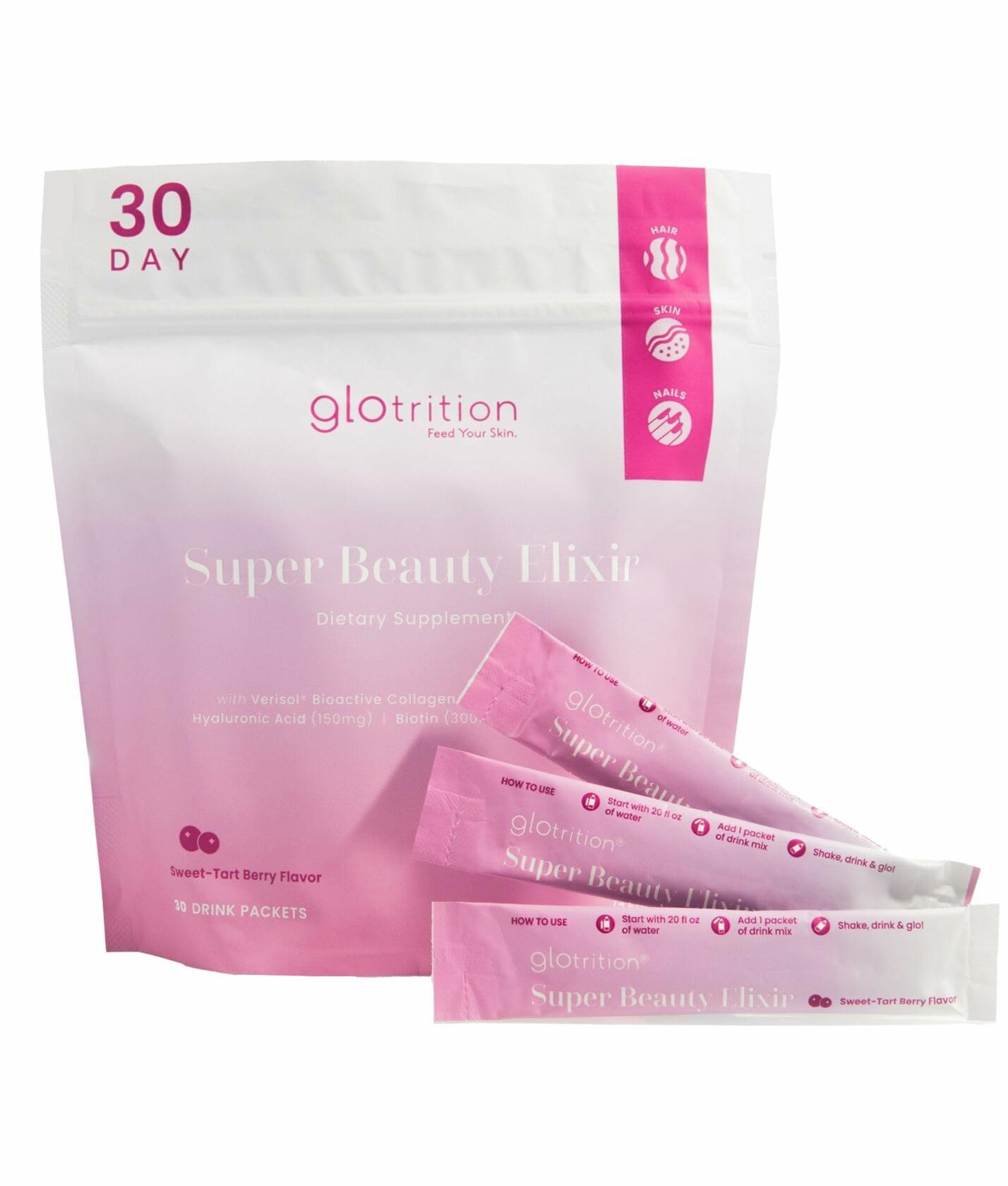 Glotrition Super Beauty Elixir Collagen Peptides Powder, 30ct, Sweet-Tart Berry